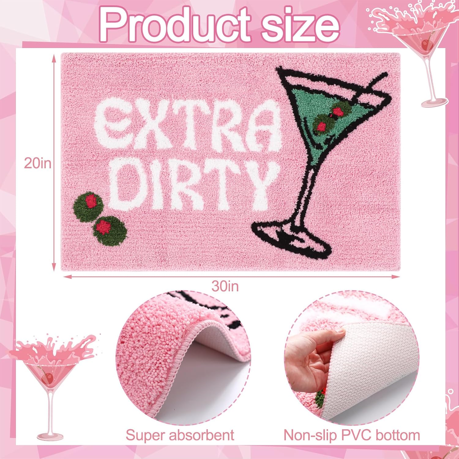 Drydiet Extra Dirty Martini Bathroom Rugs Cocktail Martini Bath Mat Non Slip Absorbent Shower Bath Party Decorations Washable 20x32 Inch Rugs for Bathroom Kitchen, Bedroom