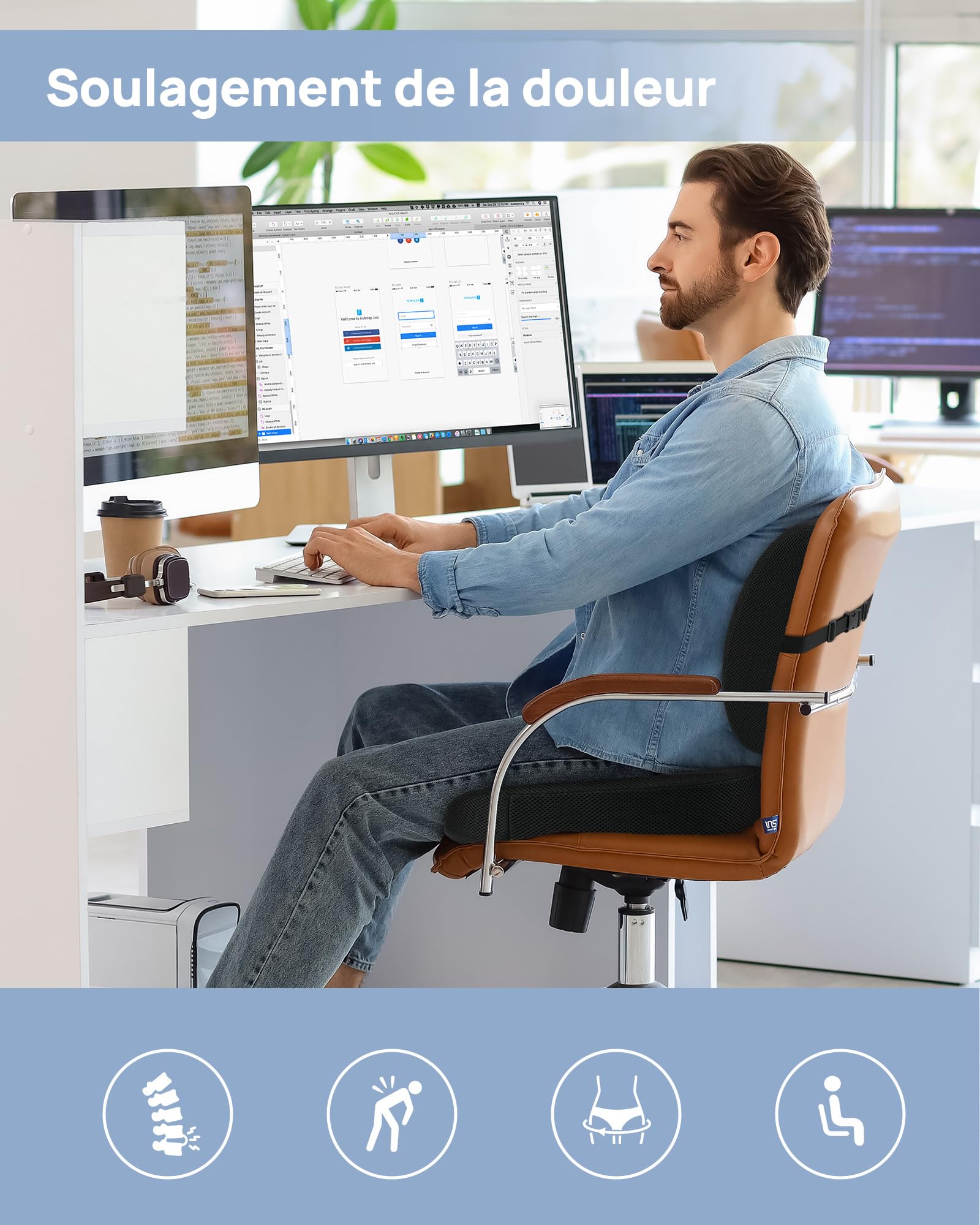 Feagar Cuscino Sedia Ufficio Supporto Lombare - Ergonomico in Memory Foam Set Ortopedico Traspirante per Ufficio, Auto, Sedia da Gaming e Sedia a Rotelle – Comfort Duraturo e Sollievo Alla Schiena