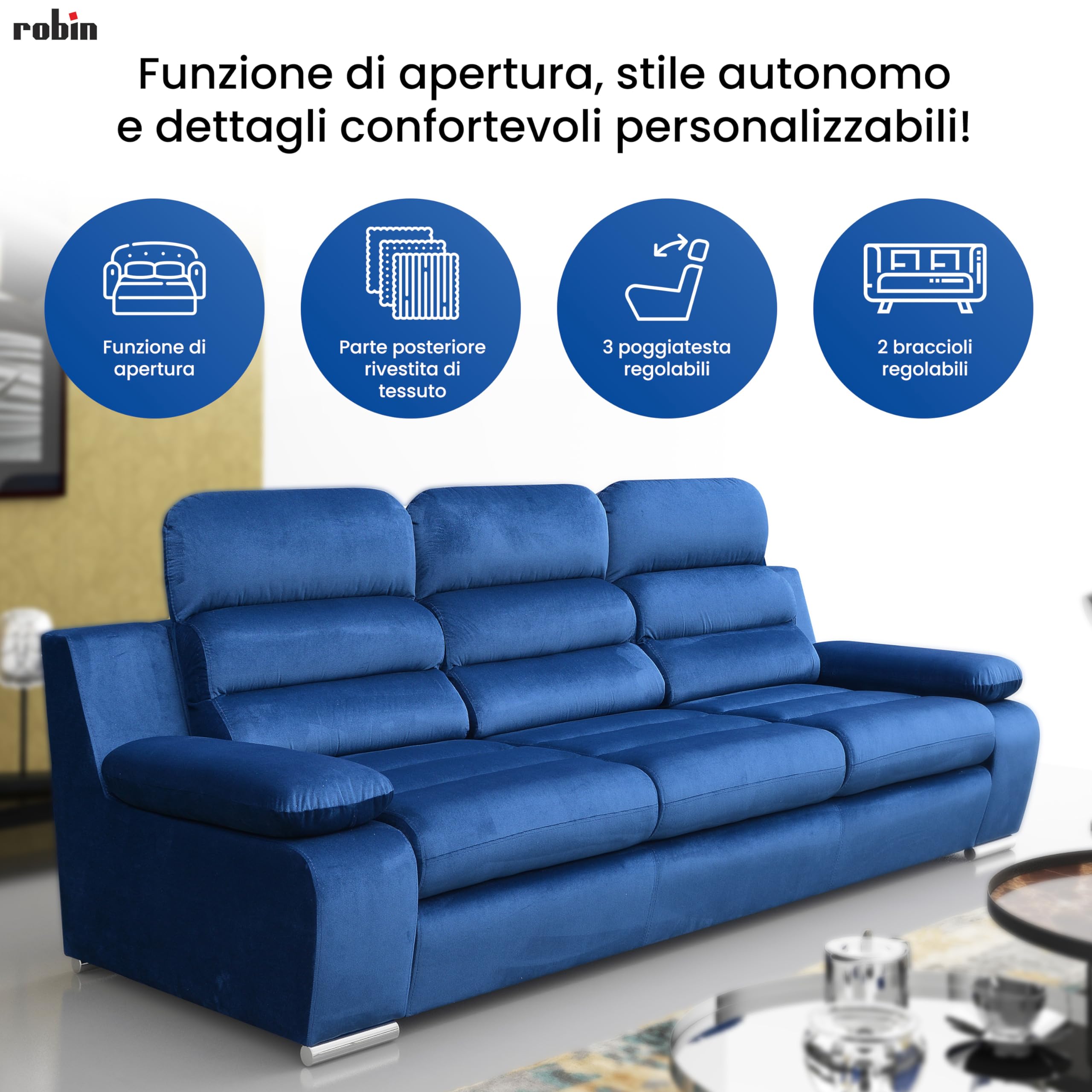 Robin Inspire Amber Divano Letto 3 Posti Kronos Antracite | Divano letto 3 posti in tessuto Kronos, apertura rapida, comfort elevato, ideale per soggiorno e camera, 238×96×95 cm