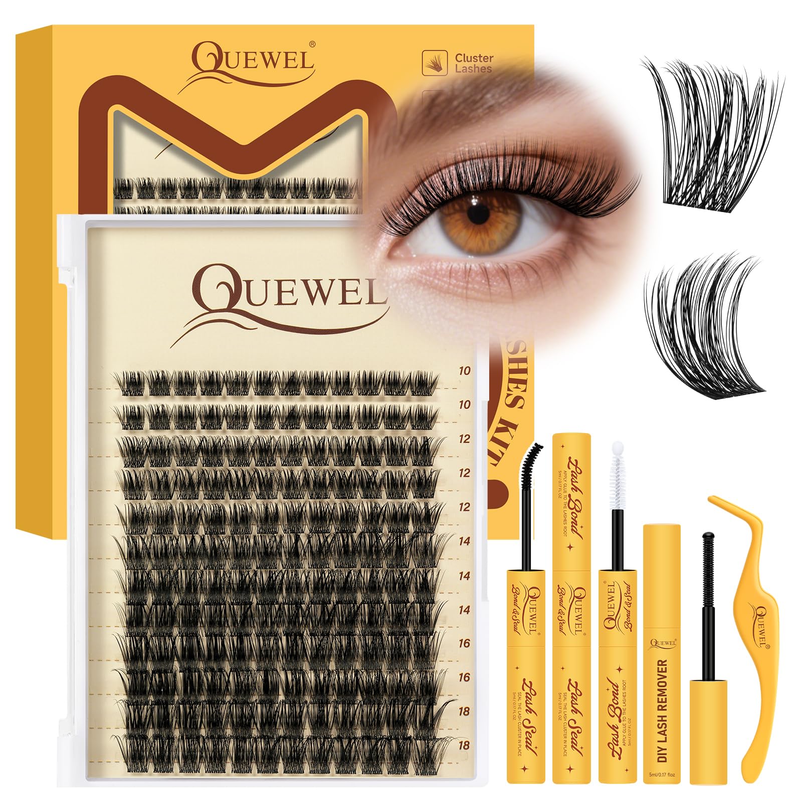 QUEWEL Cluster-Lashes Set 144STK, Mix10–18mm DIY Wimpern-Extensions Set mit Wimpernkleber und Pinzette und Entferner, Lash-Extension-Set für den Alltag Partys Lash-Clusters (Fairy-Kit-F)
