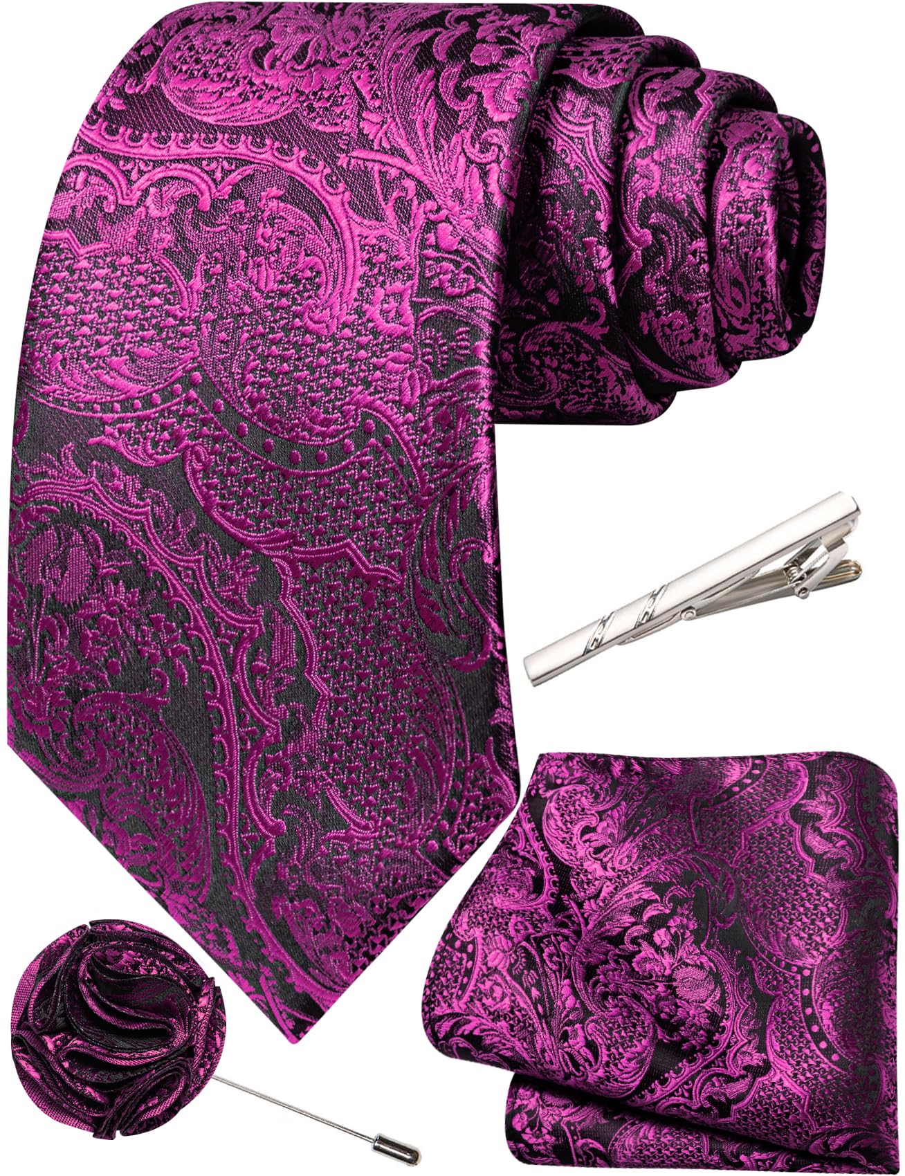 Unique Paisley Ties for Men Silk Neck Tie and Pocket Square Set with Tie Clip Lapel Pin Wedding Formal