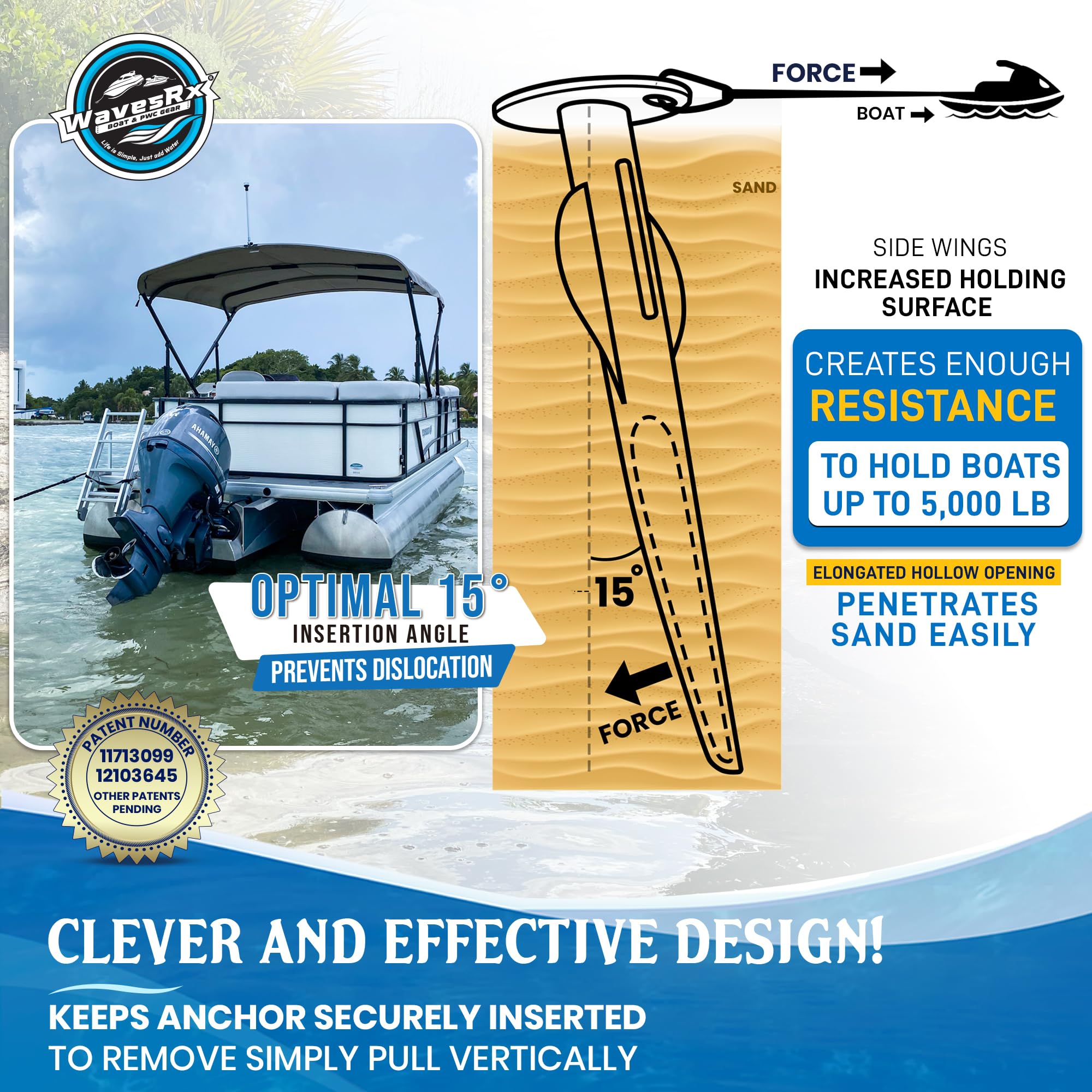 WAVESRX Strandankerbundel voor PWC | 12 inch WaveCobra aluminium spike- hekanker 7ft AnchorMate platte bungee (strekt zich uit tot 4,3 m) | Ultralicht gepatenteerd ontwerp houdt uw jetski veilig