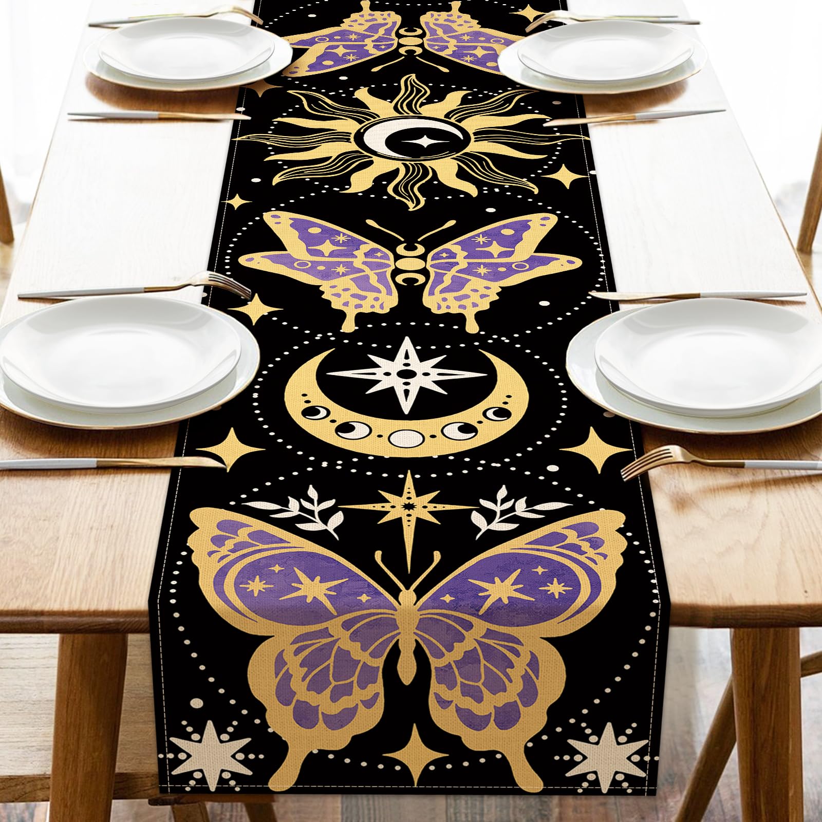 Croar Mystical Moon Phase Sun Butterfly Moth Dining Table Runner, Vintage Magic Astrology Ouija Board Tarot Burlap Kitchen Decoration, Witchy Room