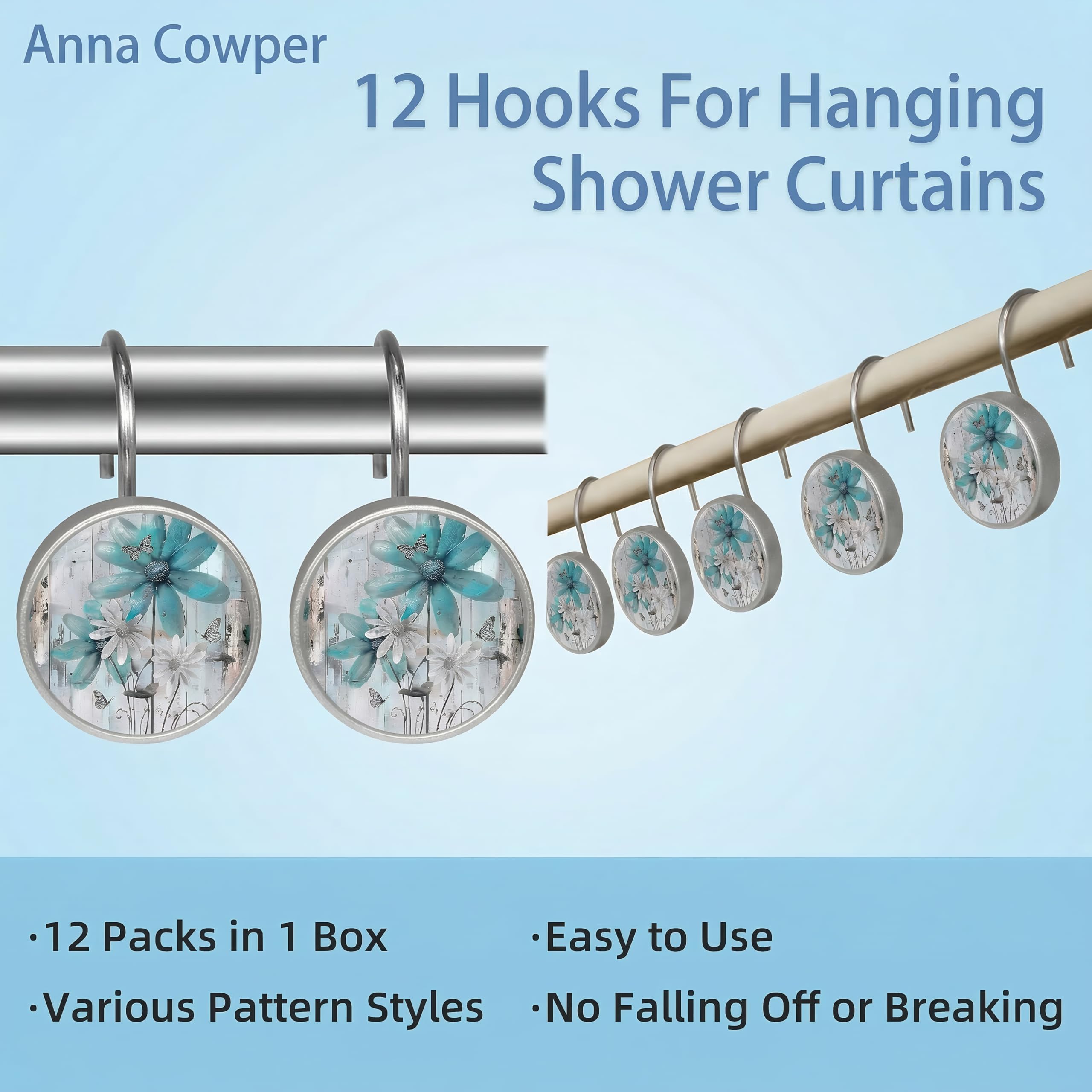 Lot de 12 crochets de rideau de douche en forme de marguerite sur planche bleu sarcelle, anneaux décoratifs pour salle de bain, résistants à la rouille