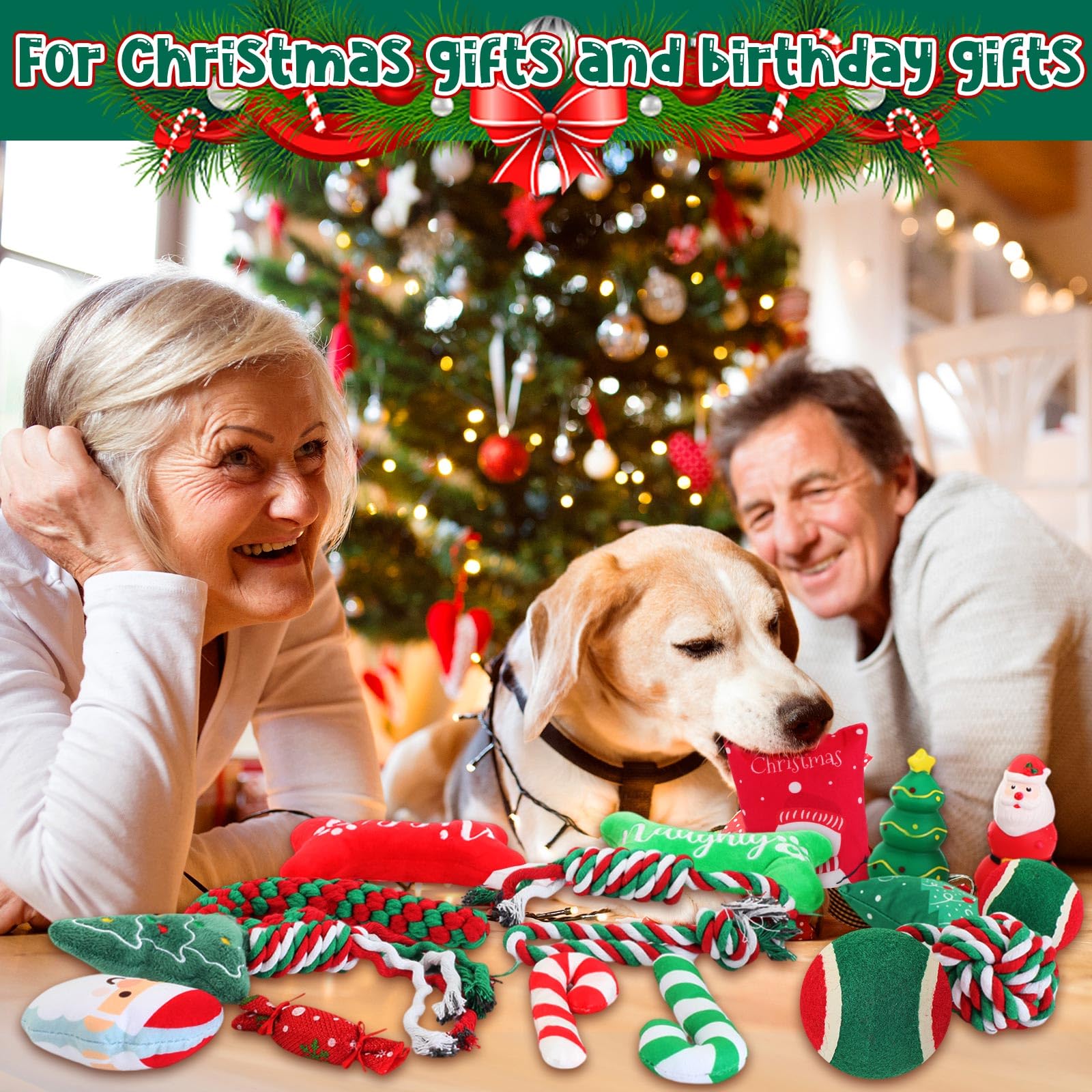 Lot de 16 jouets de Noël pour chien - Jouets couineurs en corde à mâcher pour chiens de petite, moyenne et grande taille - Cadeau de dentition