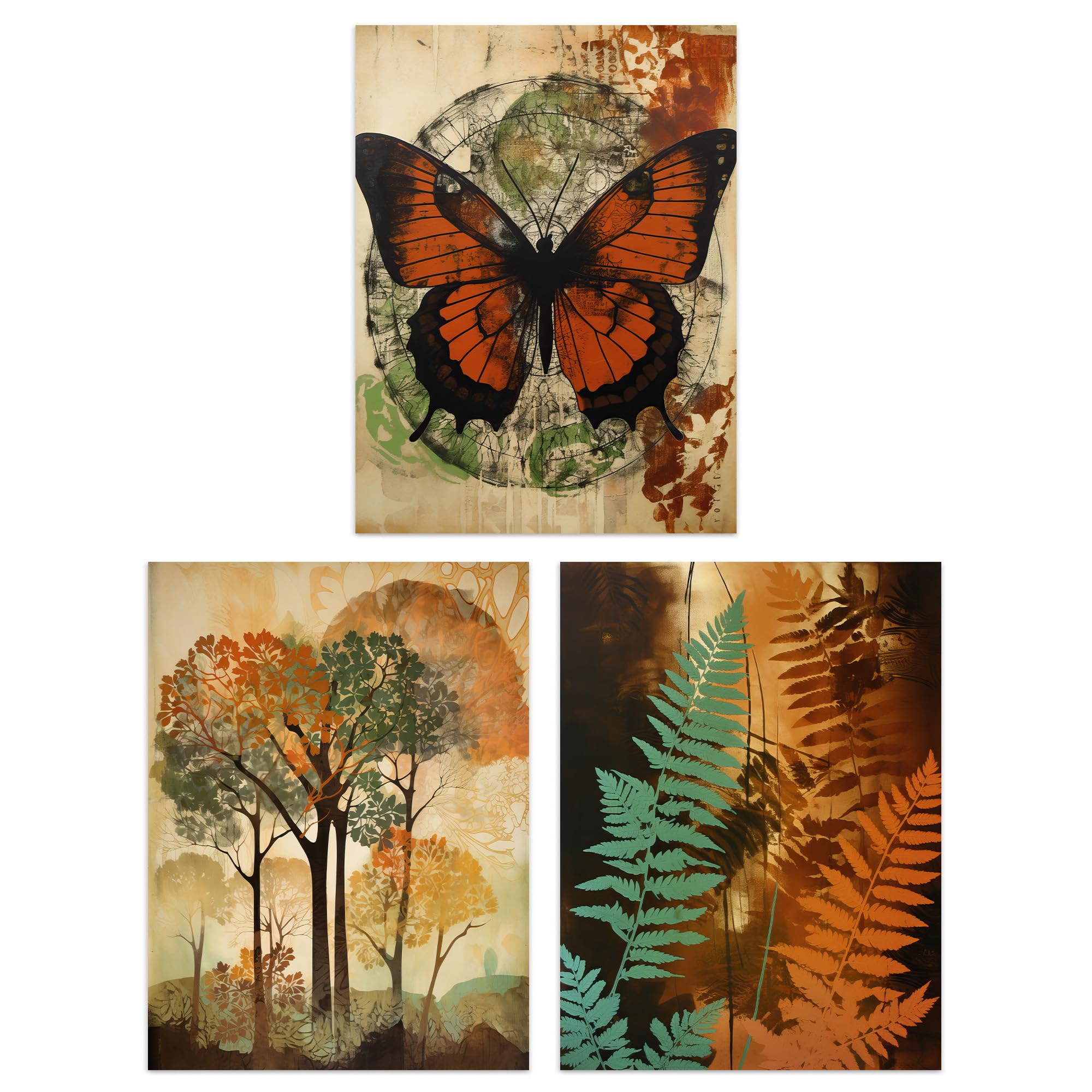 Artery8 Set of 3 Prints Vintage Botanical Art Tree Fern Butterfly Pack of 3 A4 Poster Living Room Wall Art Prints