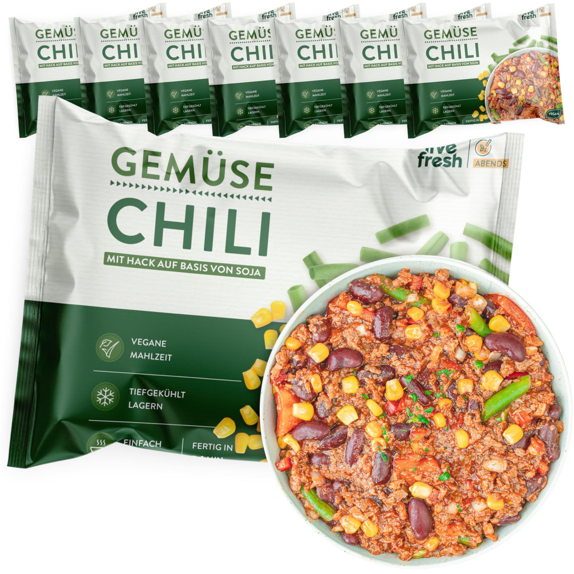 LiveFresh Gemüse Chili | 7 x 400g vegane Diät Feriggerichte | Low Carb Lebensmittel mit 26g Protein und nur 340 kcal pro Portion | Schnell zubereitet | Schonend schockgefrostet