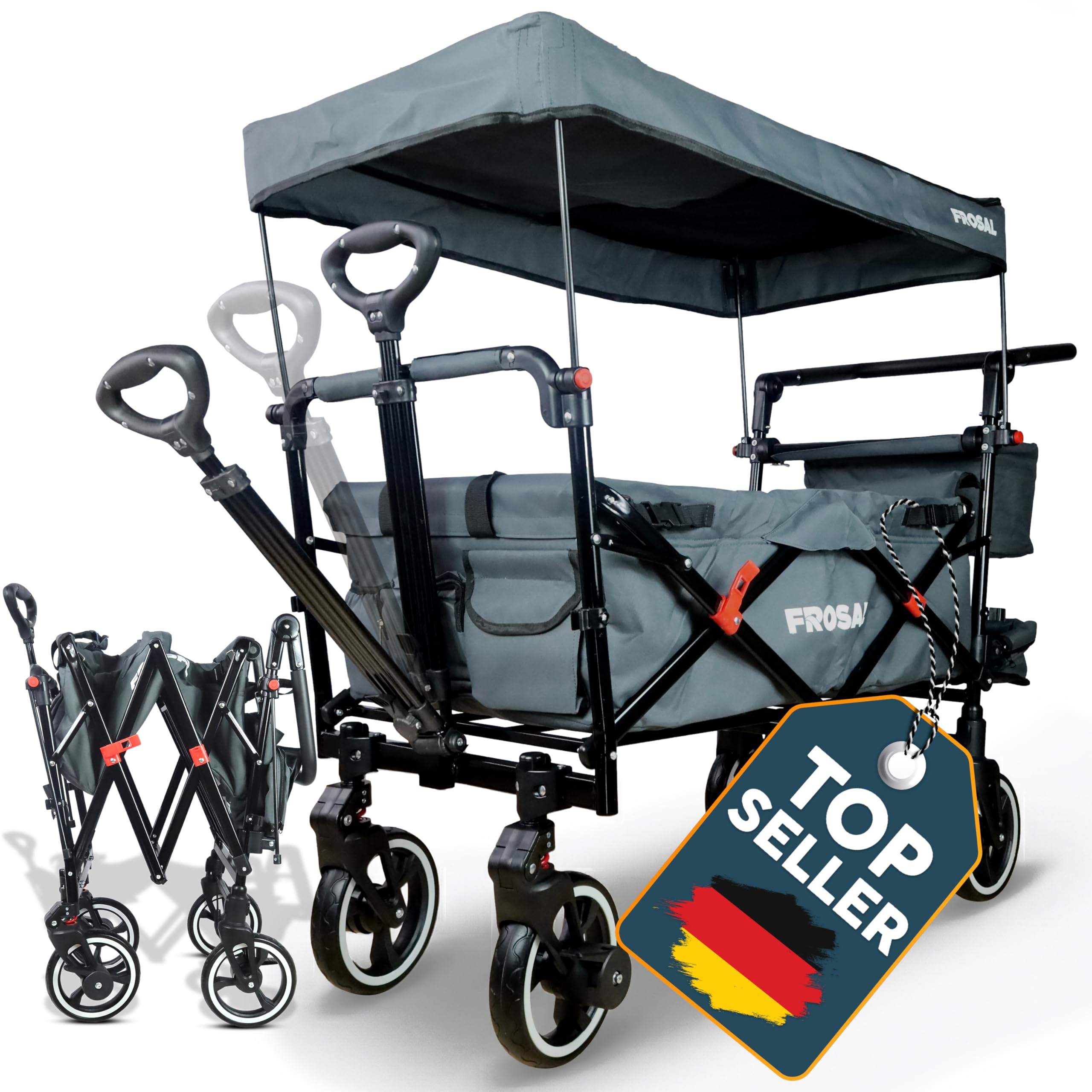 FROSAL Bollerwagen Paul faltbar mit Dach – Handwagen klappbar für Kinder, Strand, Camping & Garten – 80kg belastbar – gefederte Räder, Bremse, Schiebegriff & Zugstange – grau
