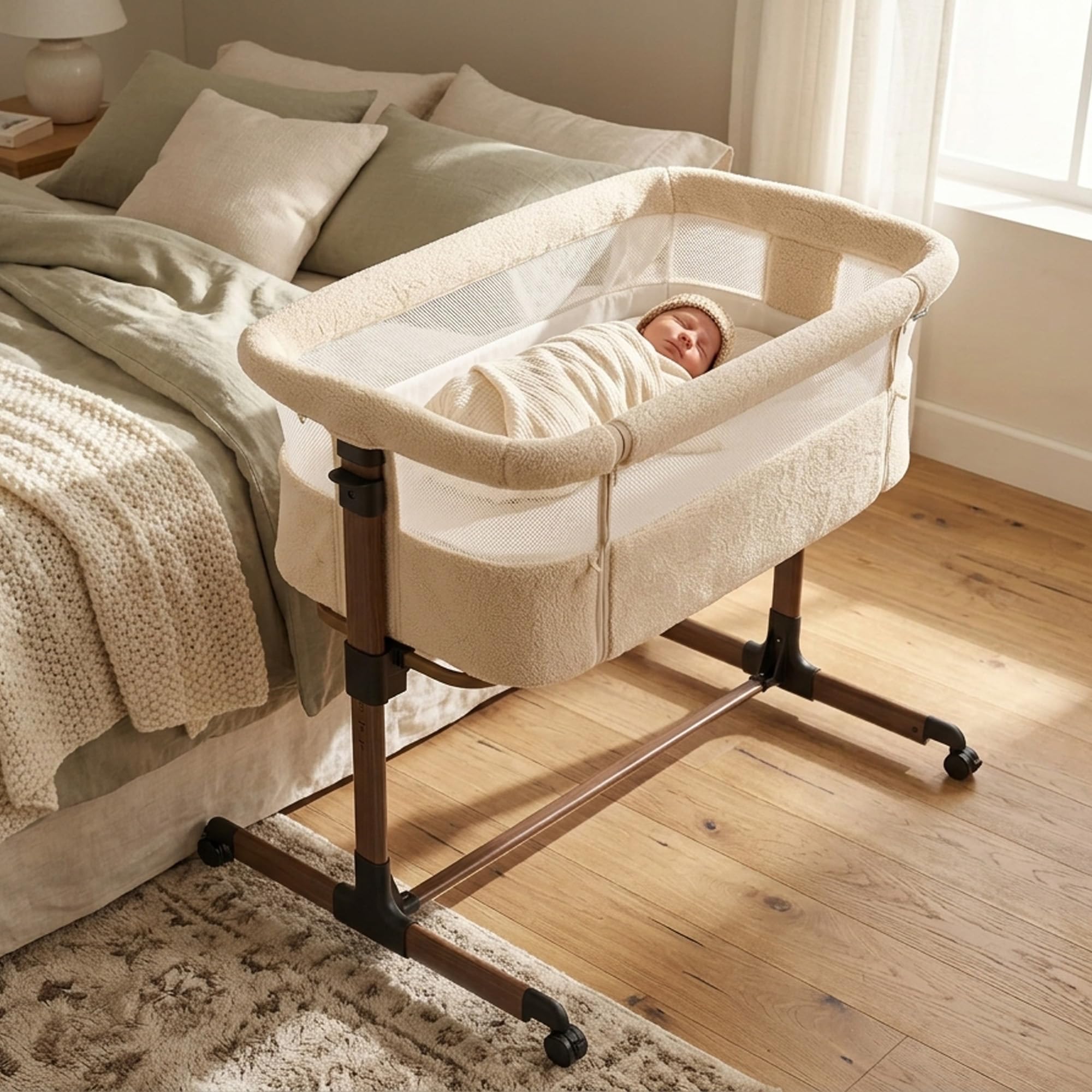 Deryan Snoozy Teddy Co-Sleeper łóżeczko dziecięce 3 w 1, do 9 kg, łóżeczko pomocnicze, kołyska, regulacja wysokości i nachylenie materaca, 4 kółka z hamulcem, ergonomiczna torba na materac, nugat