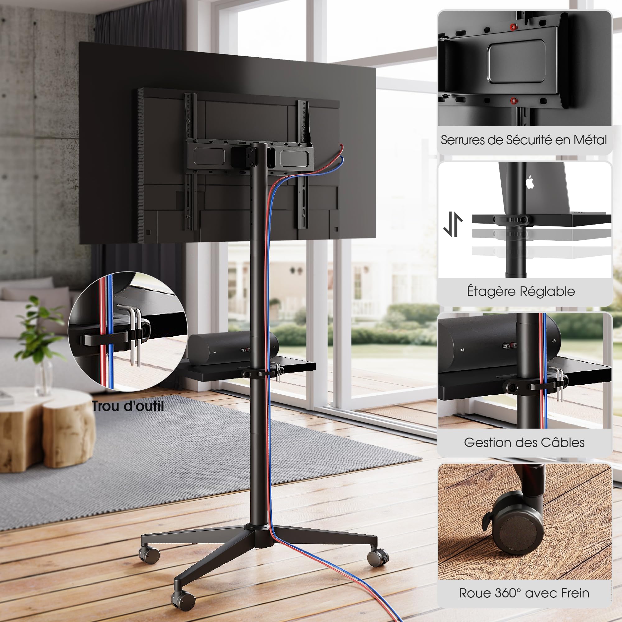AOKCOS Support TV sur roulettes pour téléviseurs de 32-65 Pouces, Support TV sur Pied Réglable en Hauteur avec Etagère, Montage Ultra-Rapide, Max. Capacité 35 KG, Max. VESA 400x400mm
