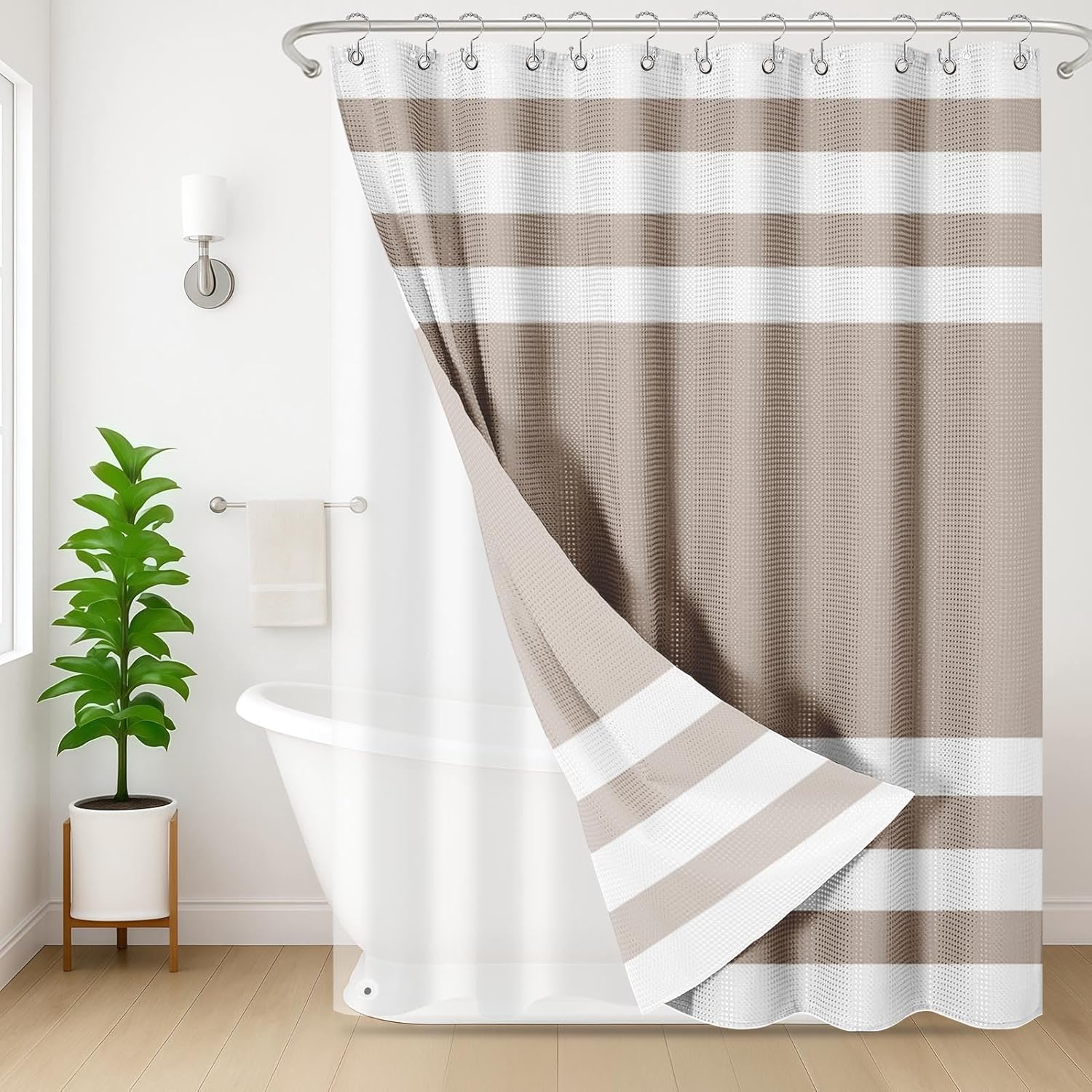 Shower Curtain and Liner, Sage Green Ombre Striped 3 in 1 Shower Curtain and PEVA Liner Set with 12 Rust-Resistant Metal Hooks, Waterproof Fabric Shower Curtains for Bathroom, 72 W x 72 H