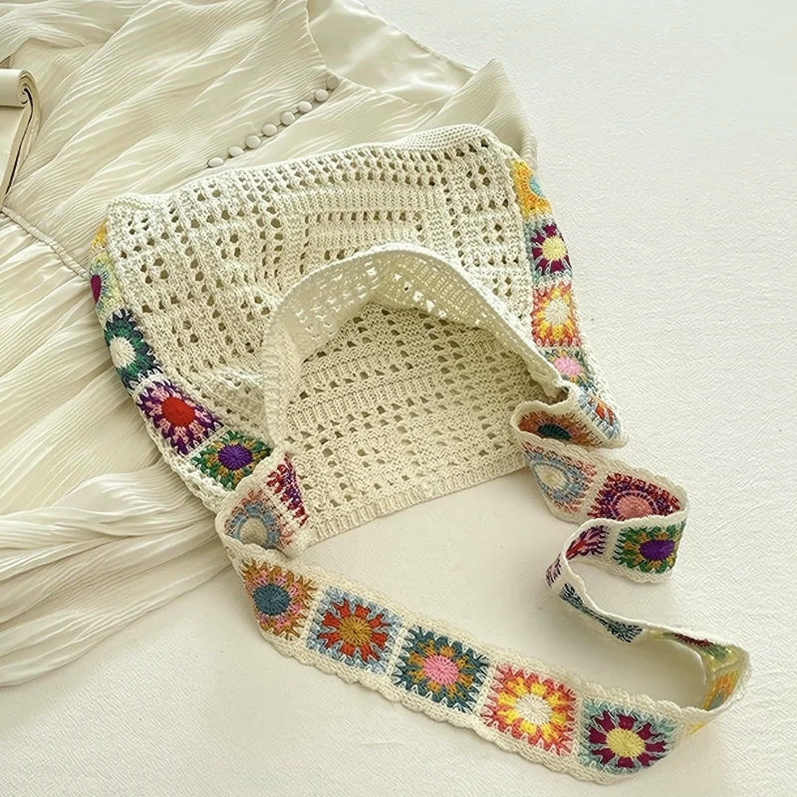 Borse Borsa all'Uncinetto Boho Femminile, A Maglia Designer Floreale, per Spalla Intrecciata in Spiaggia Estiva di Grande capacità-Beige con Fiori