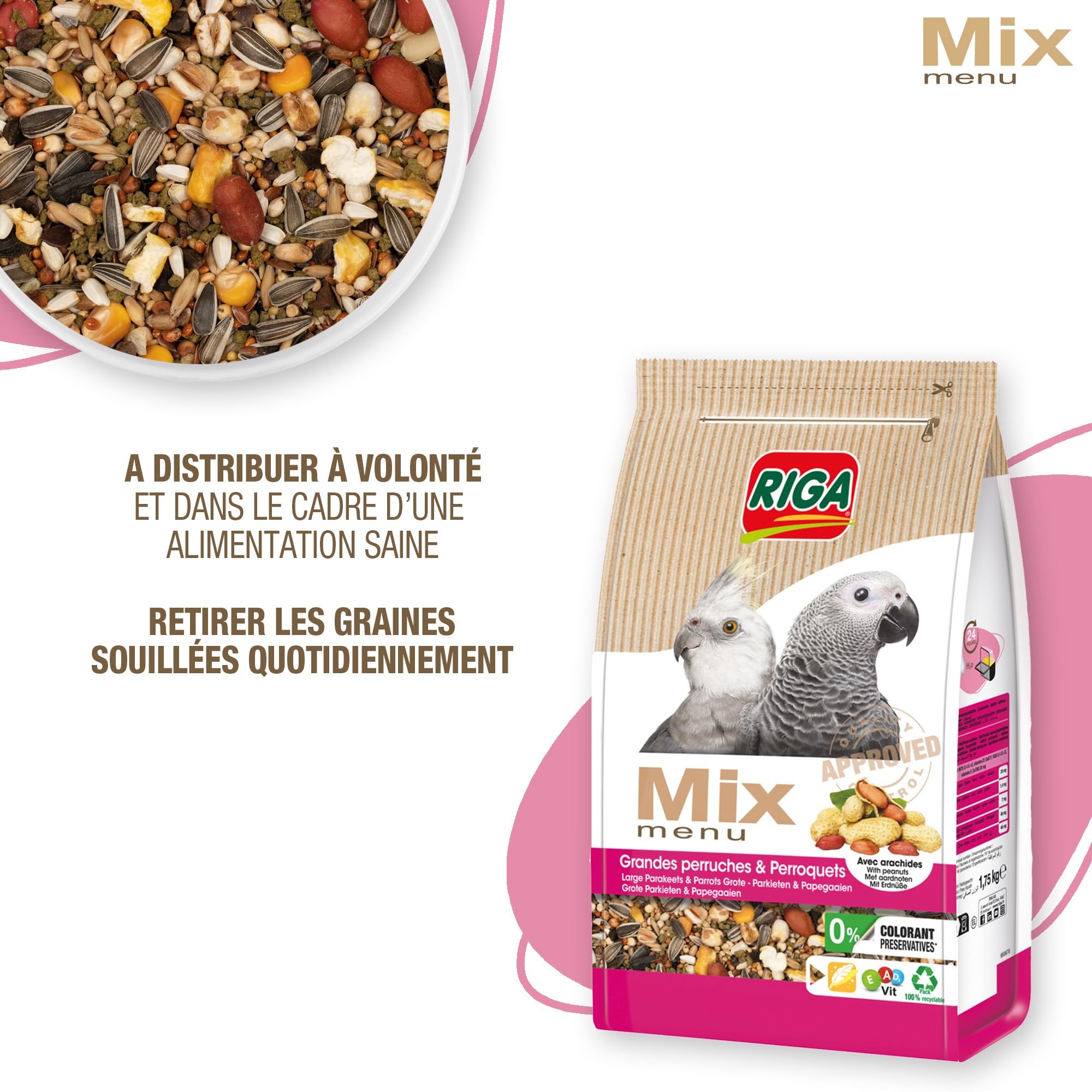 Riga - Menu Mix Grandes Perruches Et Perroquets - Nourriture pour Oiseaux - 20 Ingrédients - Arachides - Oligo-Eléments - Digestion, Croissance, Brillance Plumage - 0% Colorant/Conservateurs - 1,75kg - 5