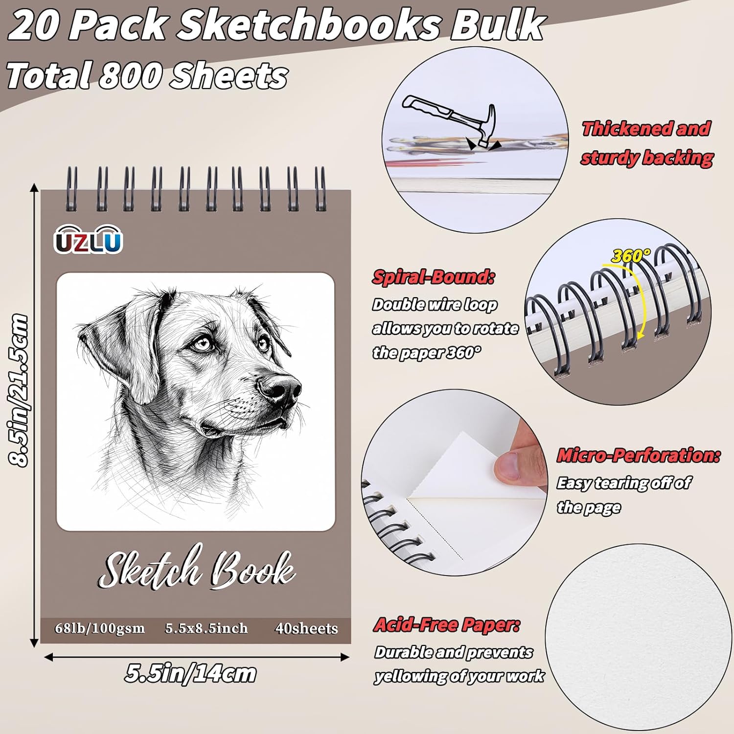 20 Pcs Sketch Books Bulk 5.5 x 8.5 In 800 Sheets Top Spiral Bound Sketch Pad Drawing Paper 40 Sheets Each Acid Free Mixed Media Sketchbook 68lb/100gsm Art Supplies for Beginner Artist