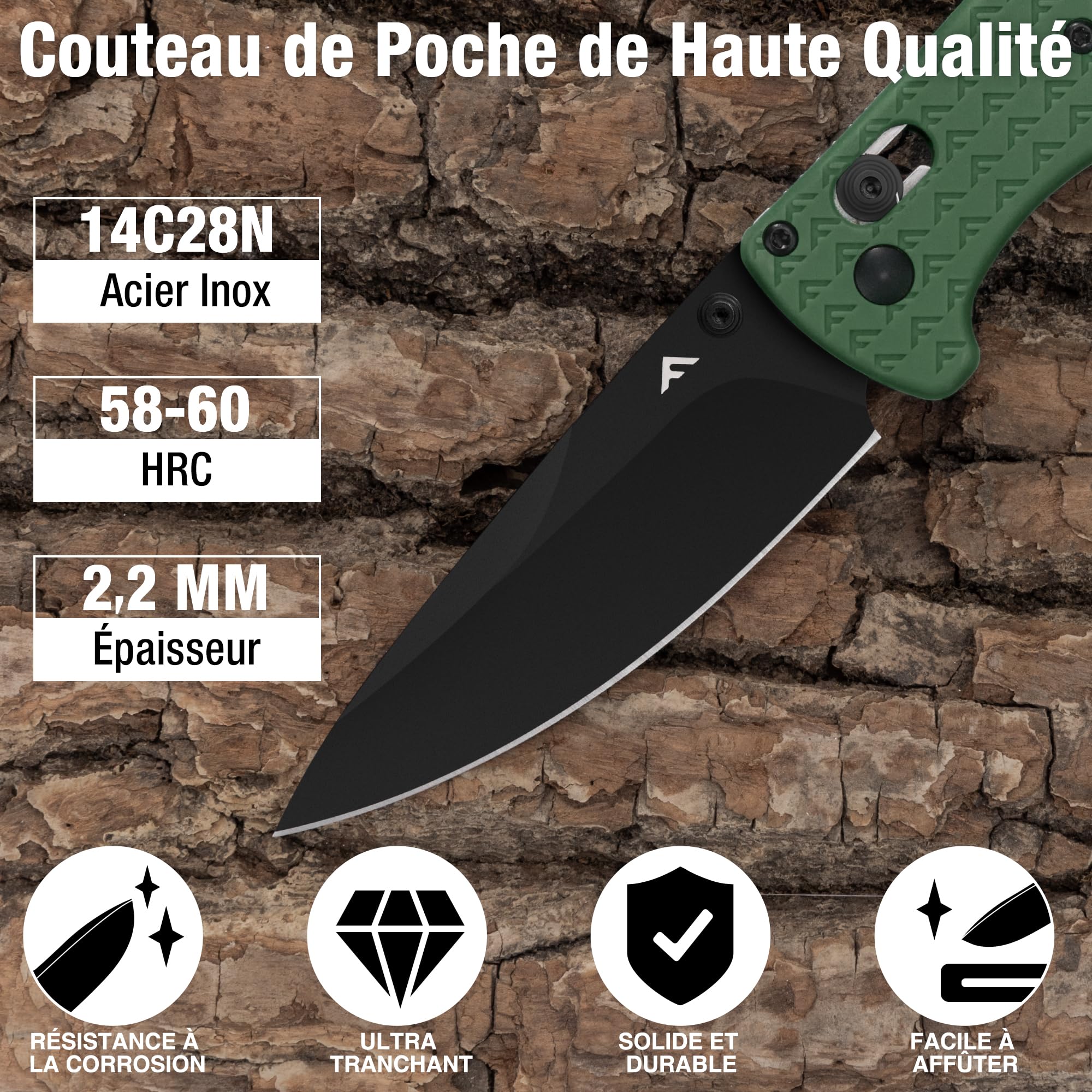 FLISSA Couteau Pliant de Poche 14C28N, Lame Haute Performance Meulée CNC avec Revêtement Titane Noir, Couteau de Poche EDC avec Clip, Idéal pour Usage Quotidien et Activités de Plein Air, Vert