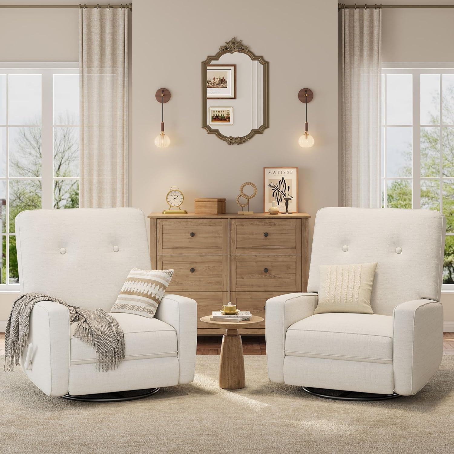 Garvee Nursery Recliner Chair, 360° Swivel Rocking Glider Chair for Adults with Adjustable Backrest & Footrest, Cozy Linen Upholstered Armchair for Living Rooms, Bedrooms, Apartments, Beige