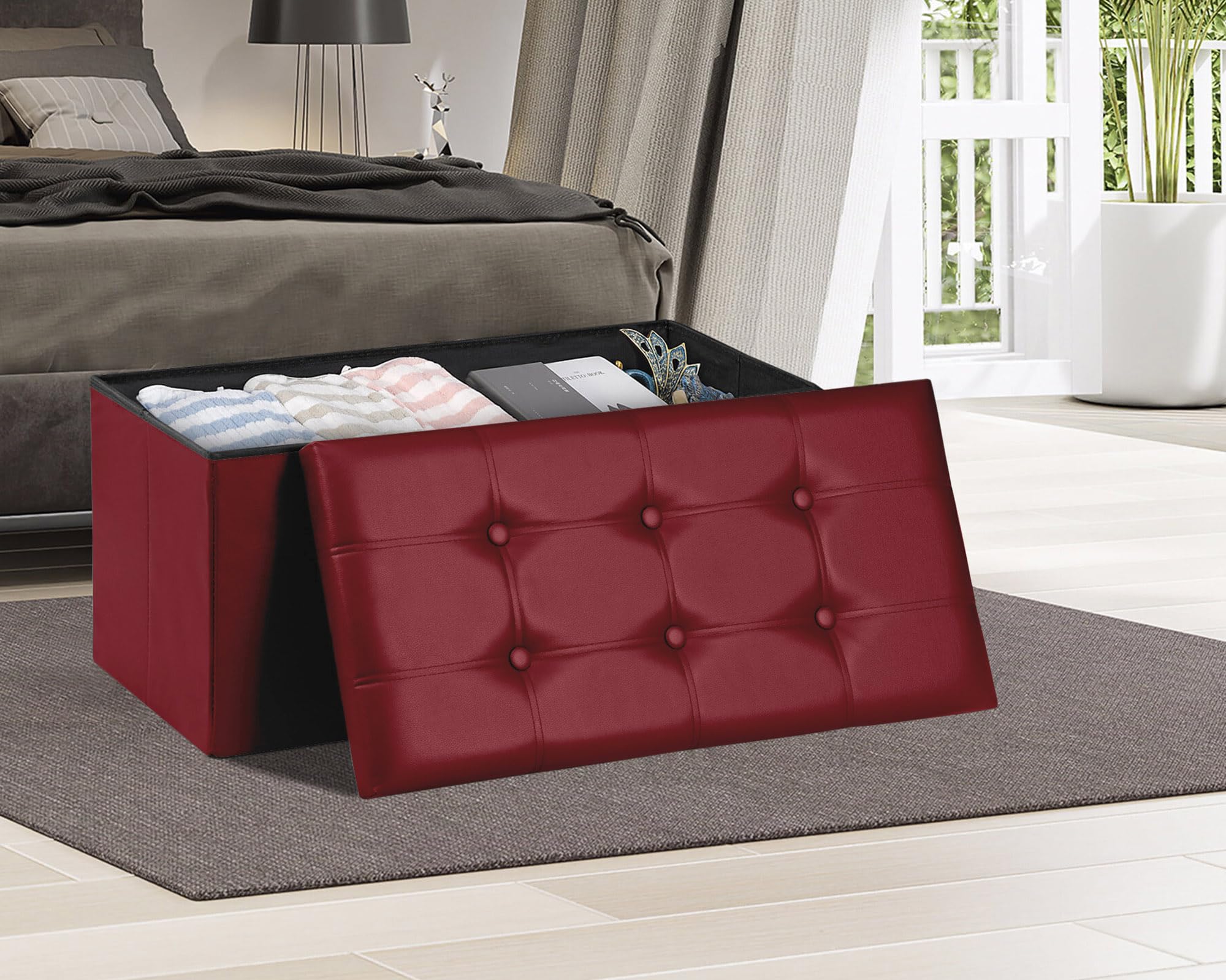 IlGruppone Pouf Contenitore in Ecopelle Cassapanca Pieghevole 87 Litri Capienza,Salvaspazio,Portaoggetti,Seduta Imbottita,Portata 300 kg Rettangolare Pouff Poggiapiedi Sgabello - Bordeaux