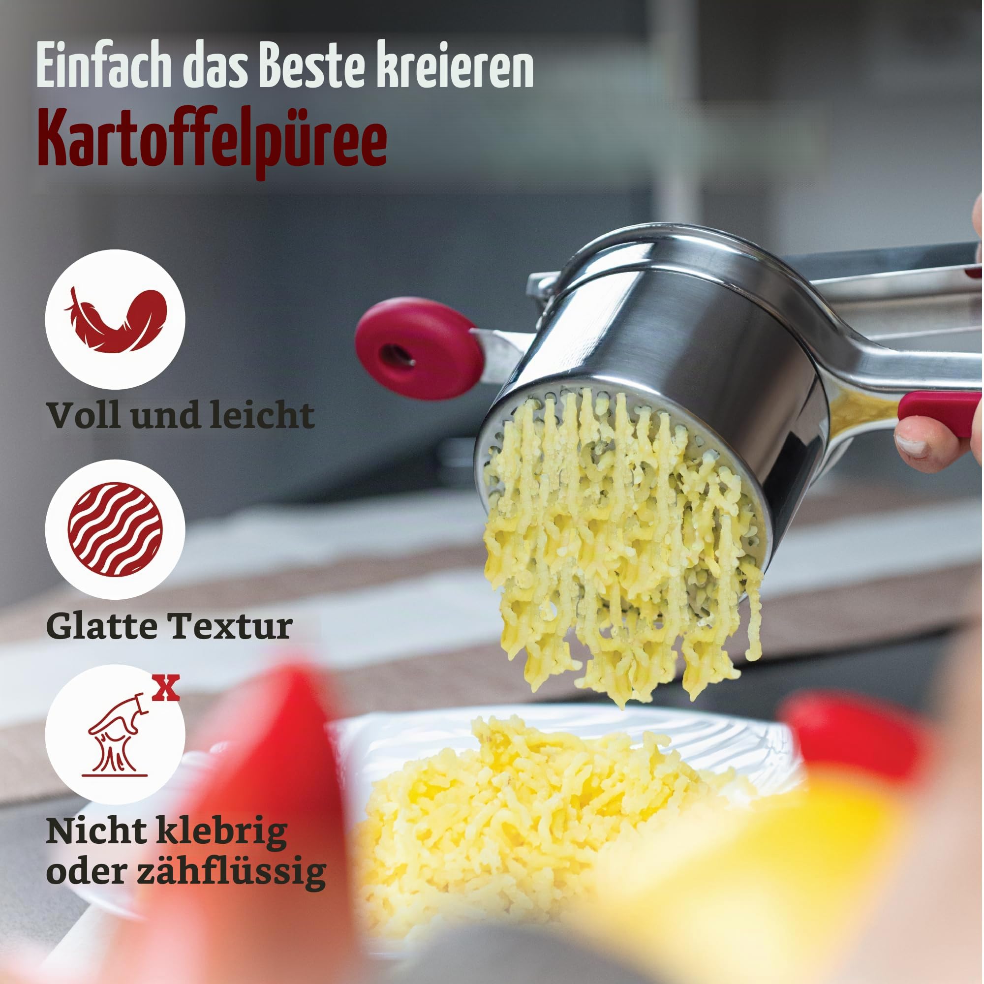 PriorityChef Große Kartoffelpresse mit 3 Scheiben, robuste Edelstahl-Kartoffelpresse für Kartoffelpüree, Kartoffelstampfer, Presse und Presse, Küchenwerkzeug, Rot