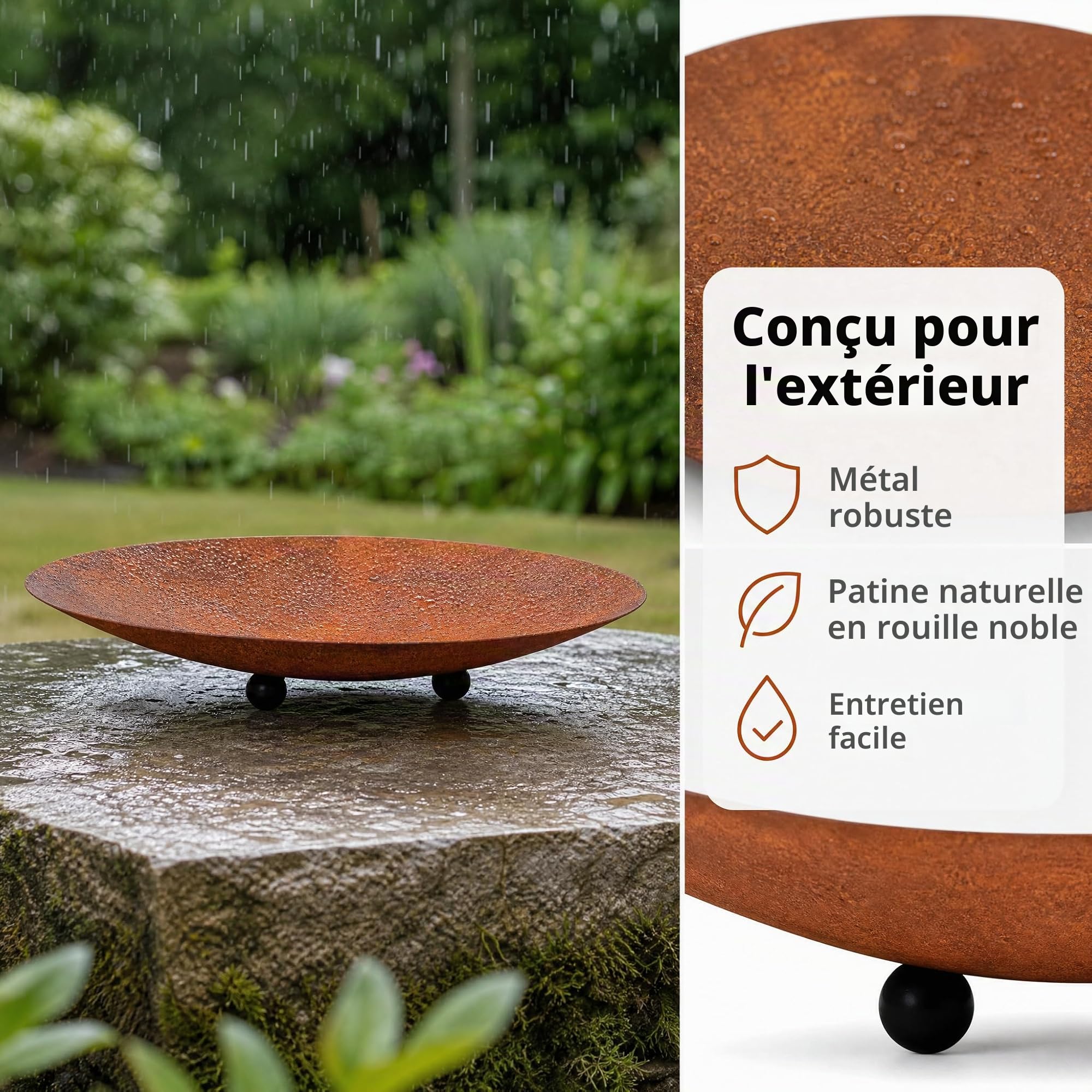 Bol en métal, patine, 50 x 9 cm, décoration de jardin rustique et rouille, accessoire de décoration rond pour jardin, balcon et terrasse, taille M