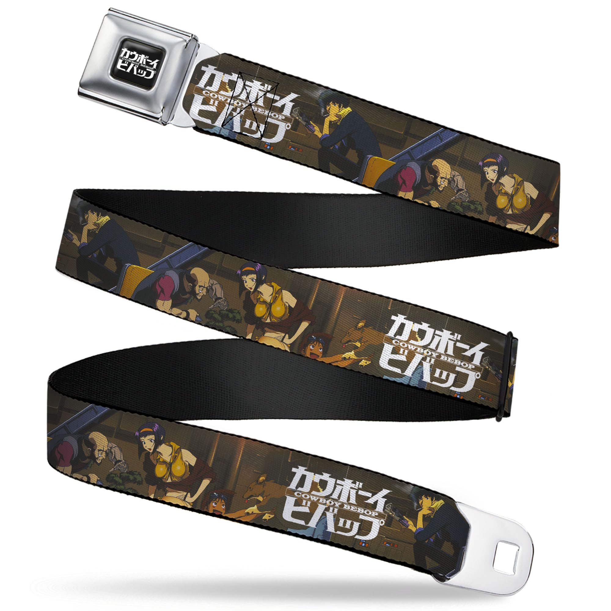 Crunchyroll Belt, Seatbelt Buckle Belt, Cowboy Bebop Jet Black and Crew Bonsai Tree Scene and Logo, Youth 20 to 36 Inches