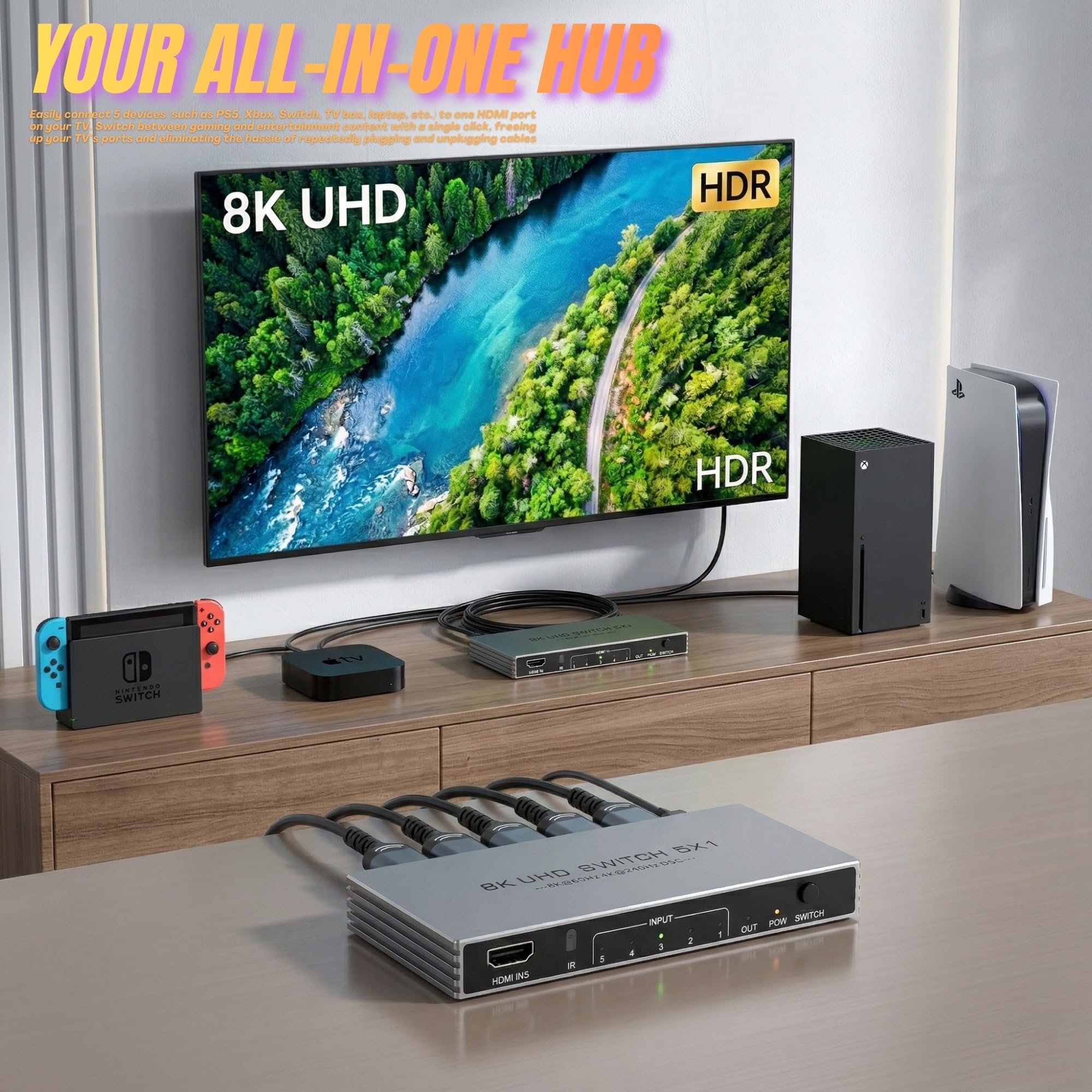 Conmutador HDMI 5 en 1, conmutador HDMI 2.1 8K a 60Hz 4K a 240Hz
