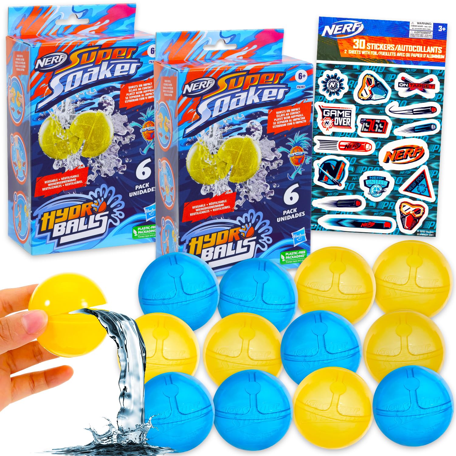 Nerf Super Soaker Hydro Ball Set - Bundle of 12 Nerf Super Soaker Refillable Balls for Pool, Backyard Play and Stickers | Reusable Water Balloon Pack
