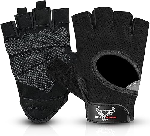 Miniatura 8 de BEAST RAGE Guantes sin dedos para levantamiento de pesas con acolchado de protección en la palma, guantes de gimnasio transpirables y ligeros para