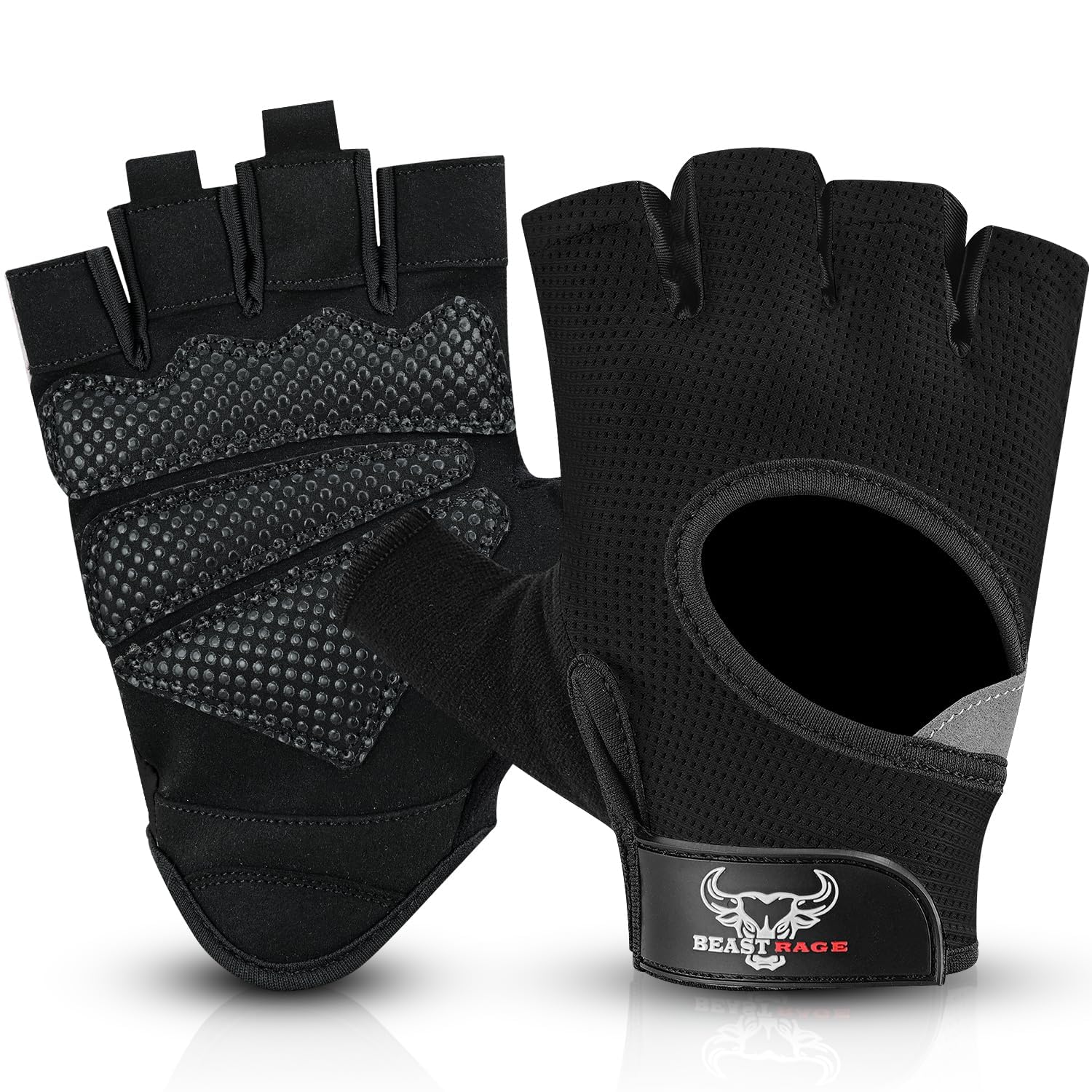 BEAST RAGE Fingerless Weight Lifting Gloves with Palm Protection Padding, Breathable Lightweight Gym Gloves for Men, Women, Weightlifting, Cycling, Exercise, Training Pull Up