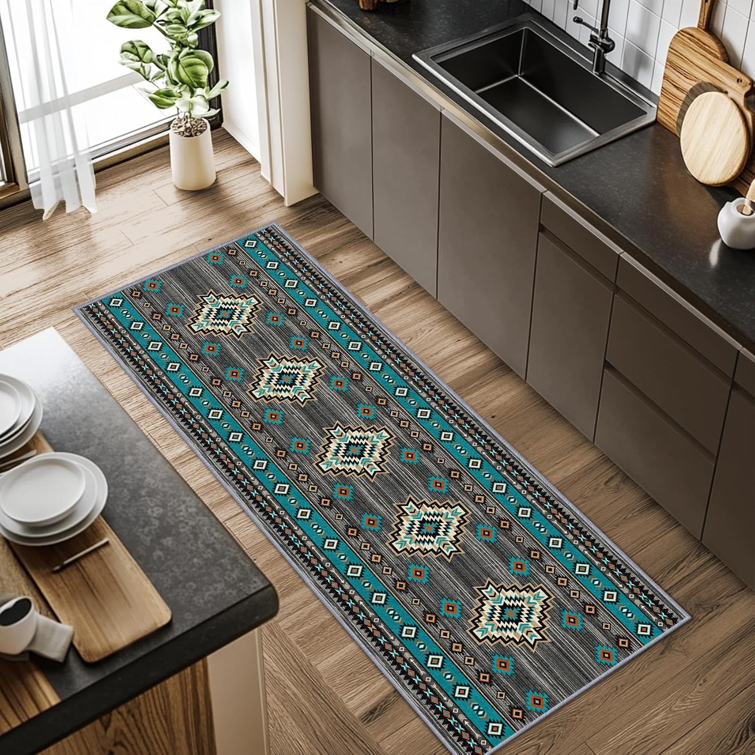 Southwestern Runner Rug - 2x6ft, Aztec Native American Geometric Runners for Hallways, Rustic Navajo Runner Rug Non Slip Soft, Southwestern Home Decor
