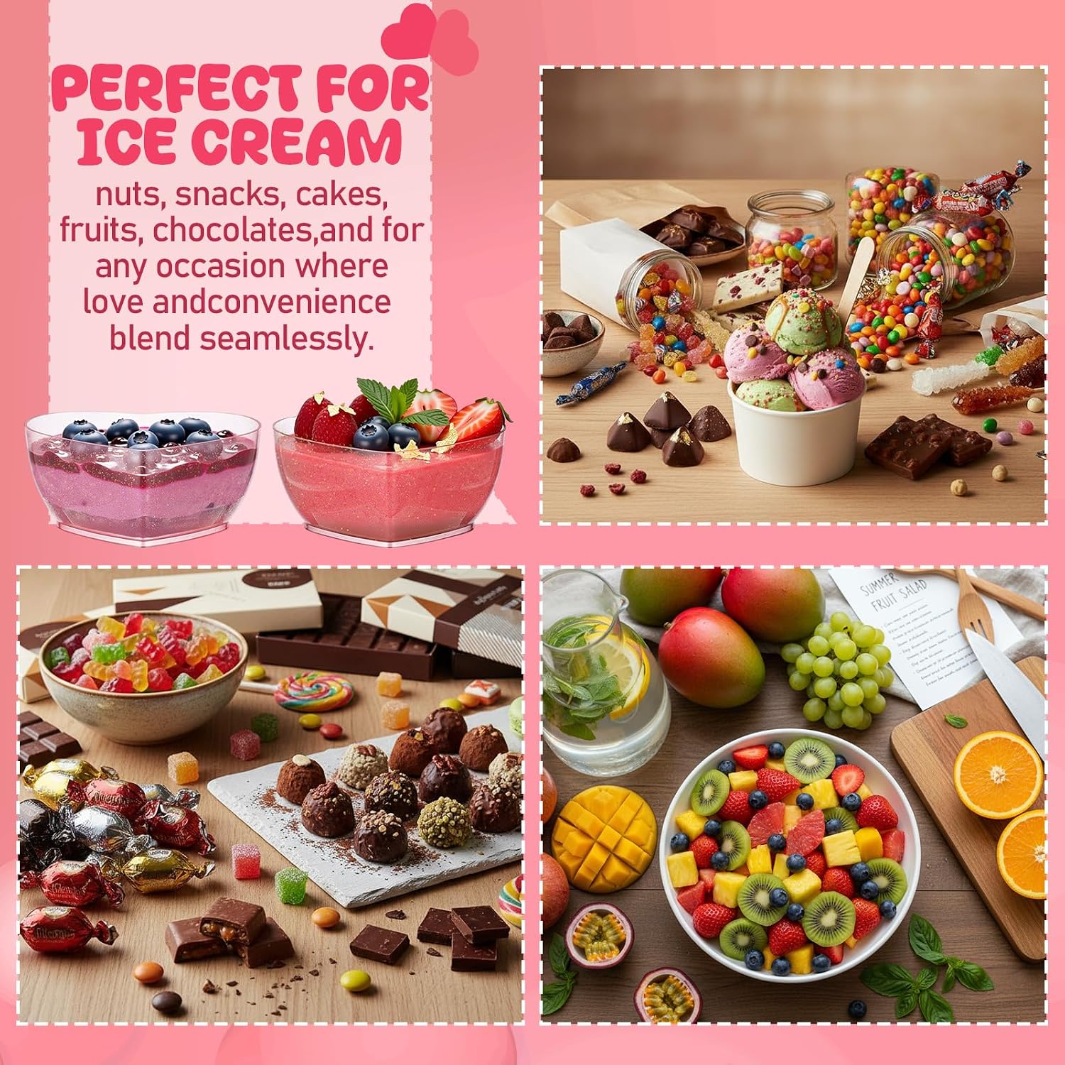 Rtteri 100 Sets Mini Dessert Cups Plastic with Spoons 3oz, Disposable Heart Shape Dessert Shooters Cup Trifle Appetizer Parfait Bowls for Wedding Bridal Shower Mother's Party(Light Pink)