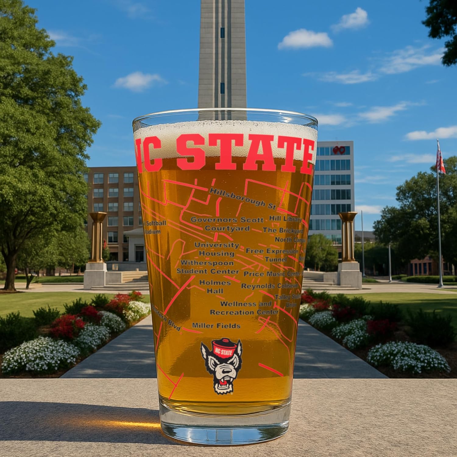 Greenline Goods – North Carolina State University Wolfpack College Pint Beer Glasses (Set of 2), 16 oz – Full-Color Logo + Campus Map