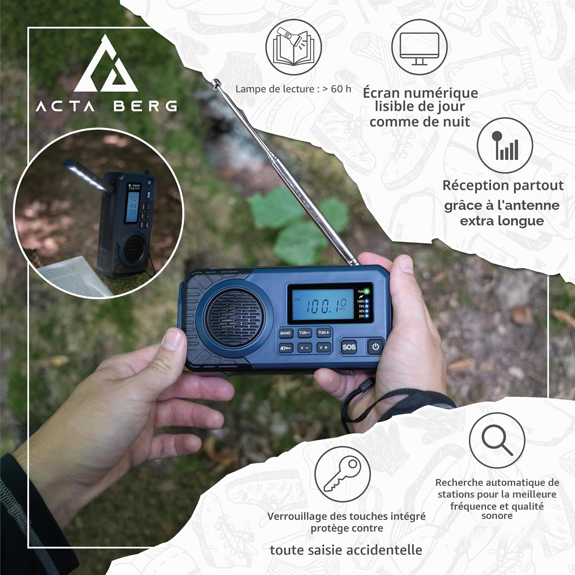 Acta Berg Radio à manivelle | Radio d'urgence avec manivelle et batterie 5000 mAh | Radio solaire avec récepteur mondial | Équipement d'urgence pour panne noire avec manivelle | Fonctionne comme lampe