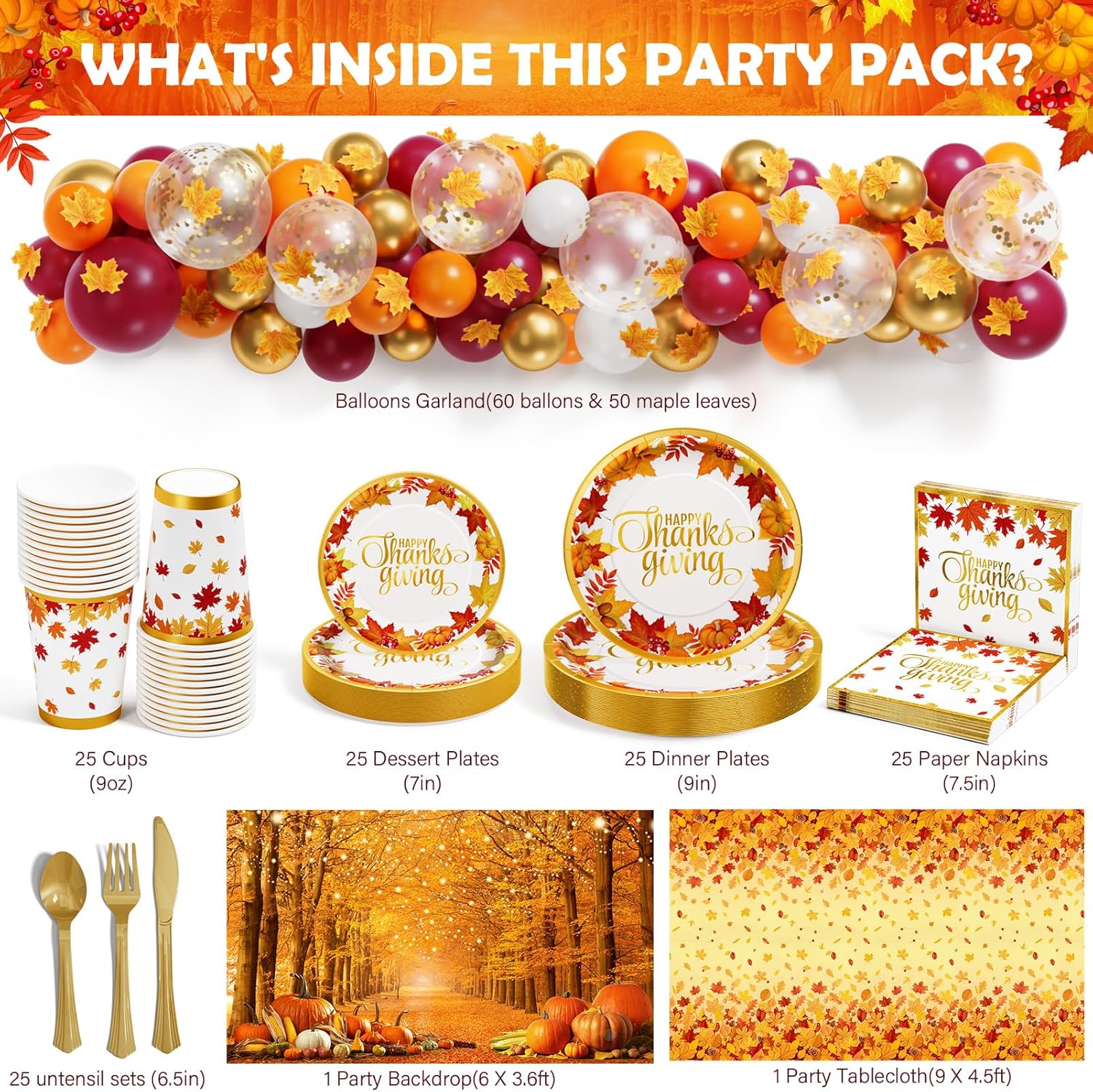 Thanksgiving Party Decorations - 291 PCS Fall Birthday Party Supplies Disposable Dinnerware Set(25 Guest) with Maple Leaf Paper Plates Napkin Tablecloth Backdrop Balloon Garland Kit for Autumn Holiday