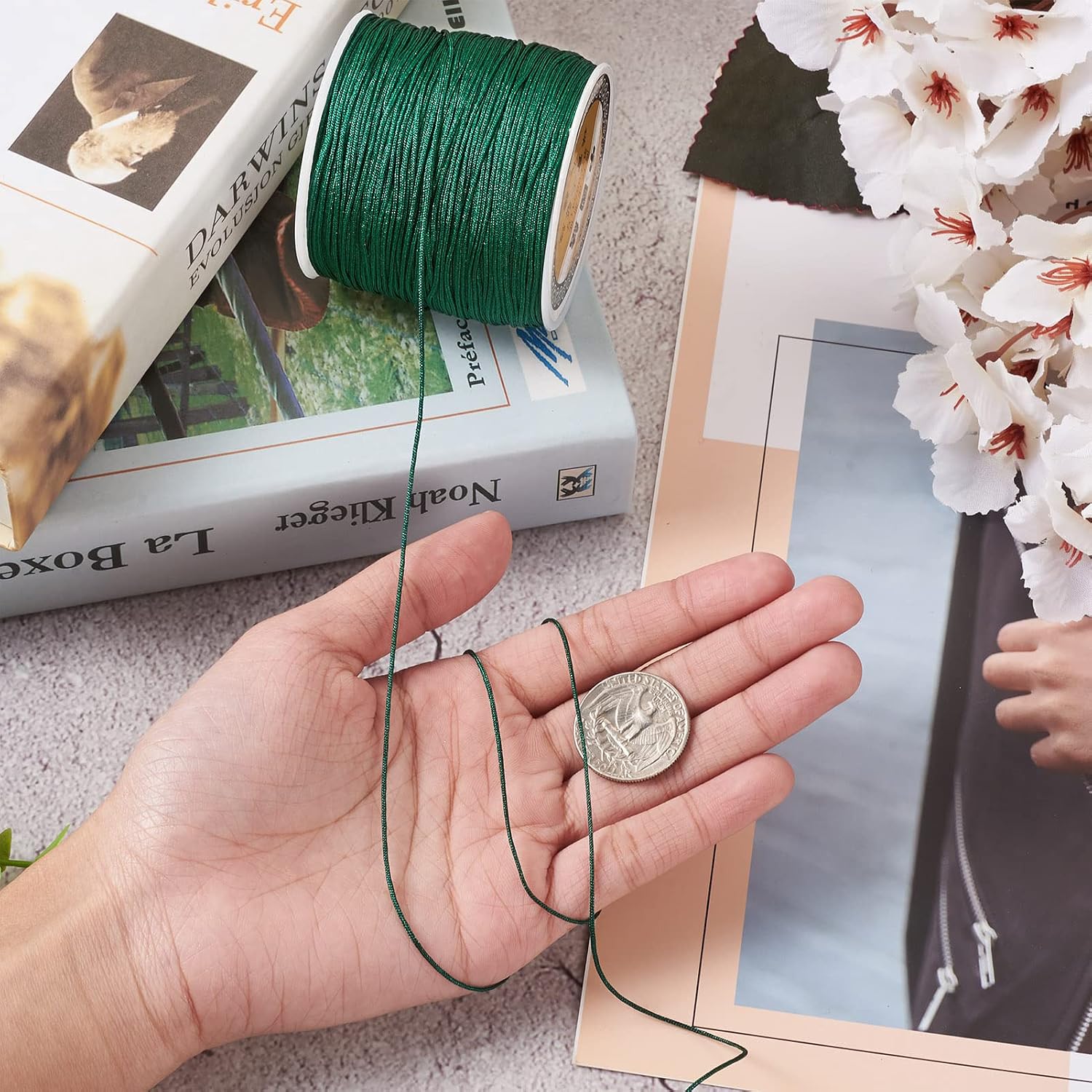 Cheriswelry 100M 0.8mm Nylon Beading Cord Dark Green Chinese Knotting Rattail Macrame Thread String Roll for Jewelry Making Kumihimo Wrapping Supplies DIY Crafts