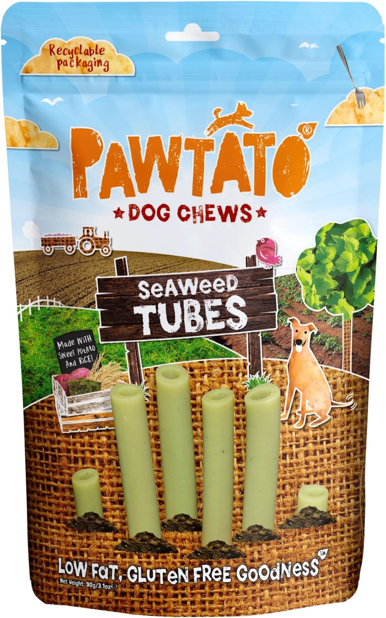 Seaweed Tubes Vegan Dog Treats (1x 90g) | Plant-Based Chews with Sweet Potato & Rice | Rawhide-Free, Hypoallergenic, Low Fat Dog Snacks