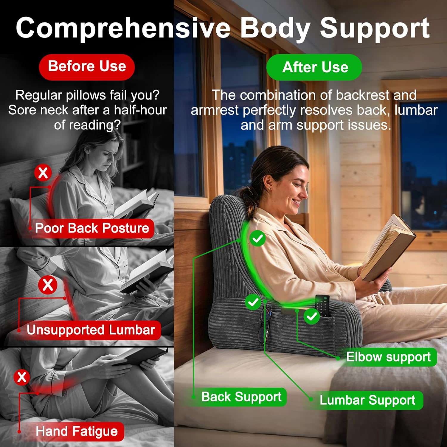 Reading Pillow for Bed Sitting Up, Back Support Pillow with Arms