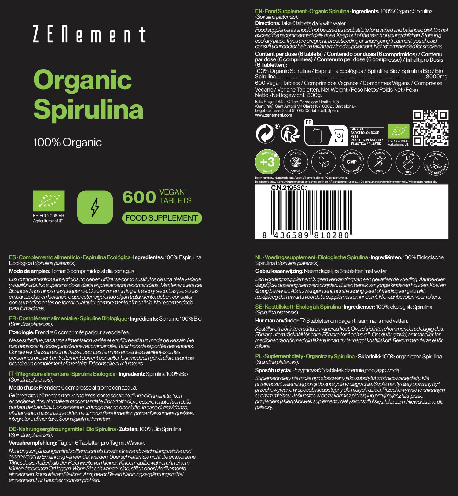 600 Tabletek Spiruliny Organicznej – 100% Czyste Algi o Wysokiej Czystości – 3000 mg na Dawkę – Sycąca i Detox – Bogata w Białko Roślinne – Bez Dodatków i Alergenów