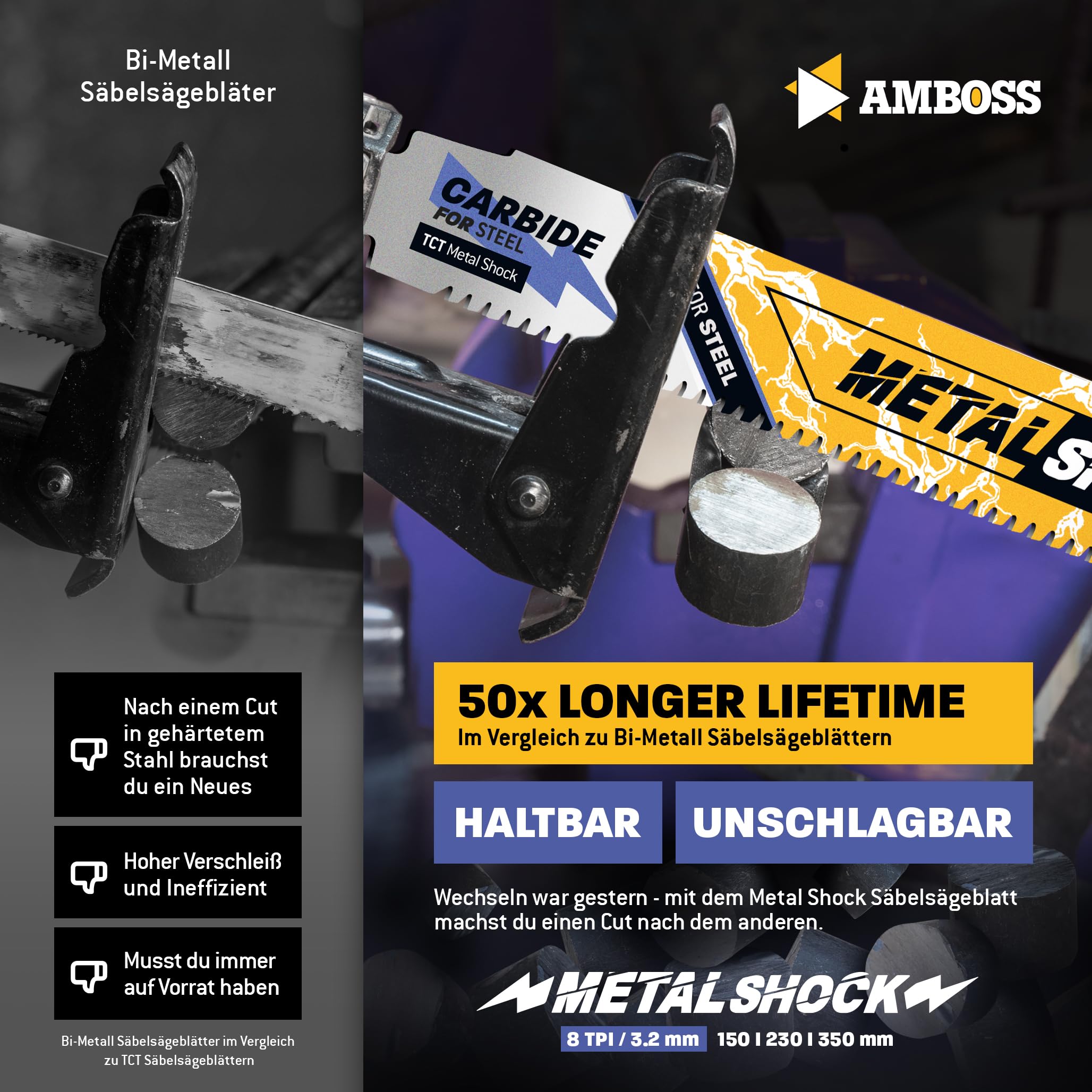 AMBOSS METAL SHOCK - 3x Säbelsägeblatt Länge 230 mm / 8 ZpZ - ideal für Abriss/Fahrzeugrettung/Aufbau/Demontage/Rohrleitungsbau - geeignet für Stahl (Rohre/Profile/Träger) sowie Gussrohre