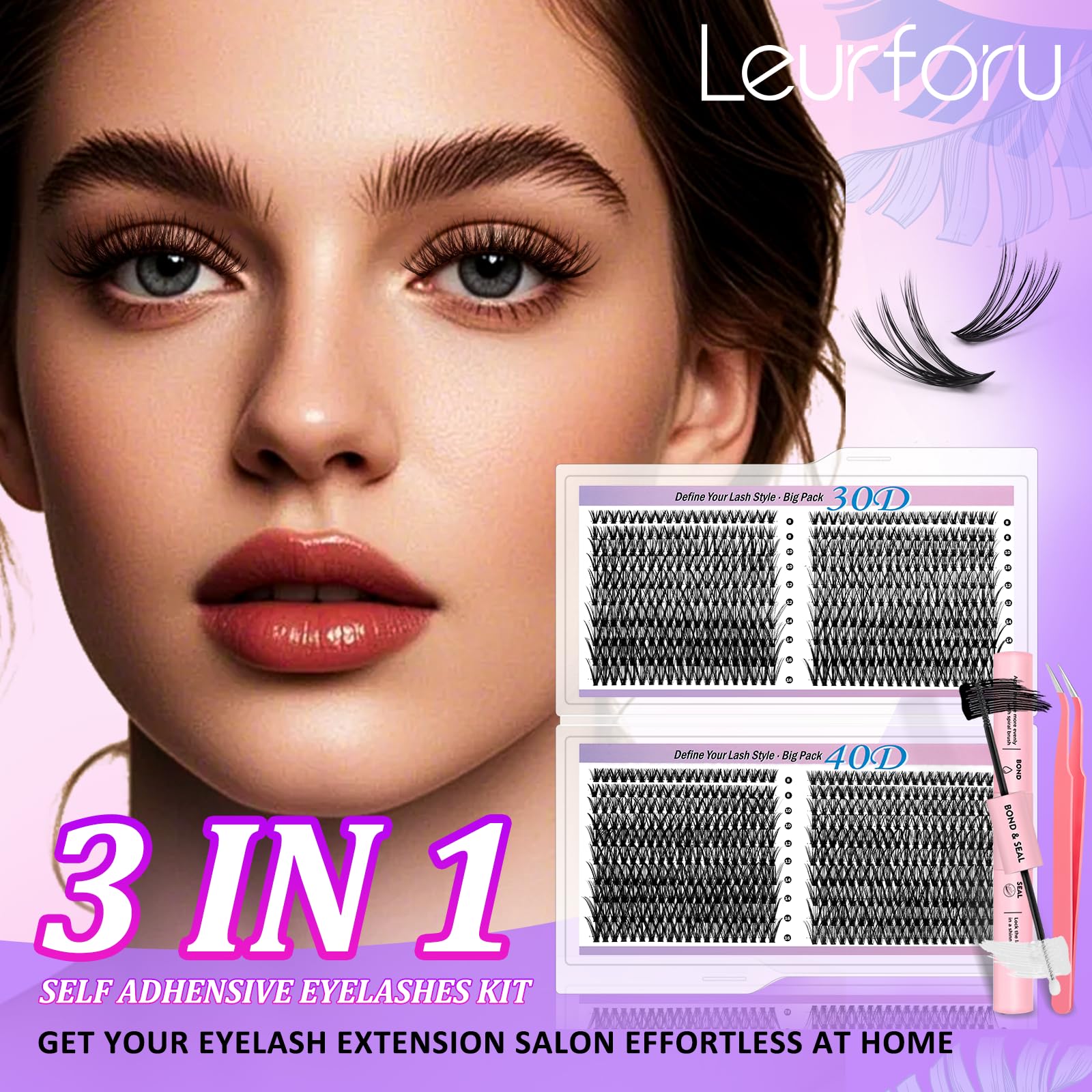 Lash Clusters Kit Wispy Lash Clusters 30D+40D Eyelash Clusters DIY Individual Lashes Clusters Kit 800pcs 8-16mm Self Adhesive Eyelashes Kit Thin Band Lash Bond and Seal Tweezers