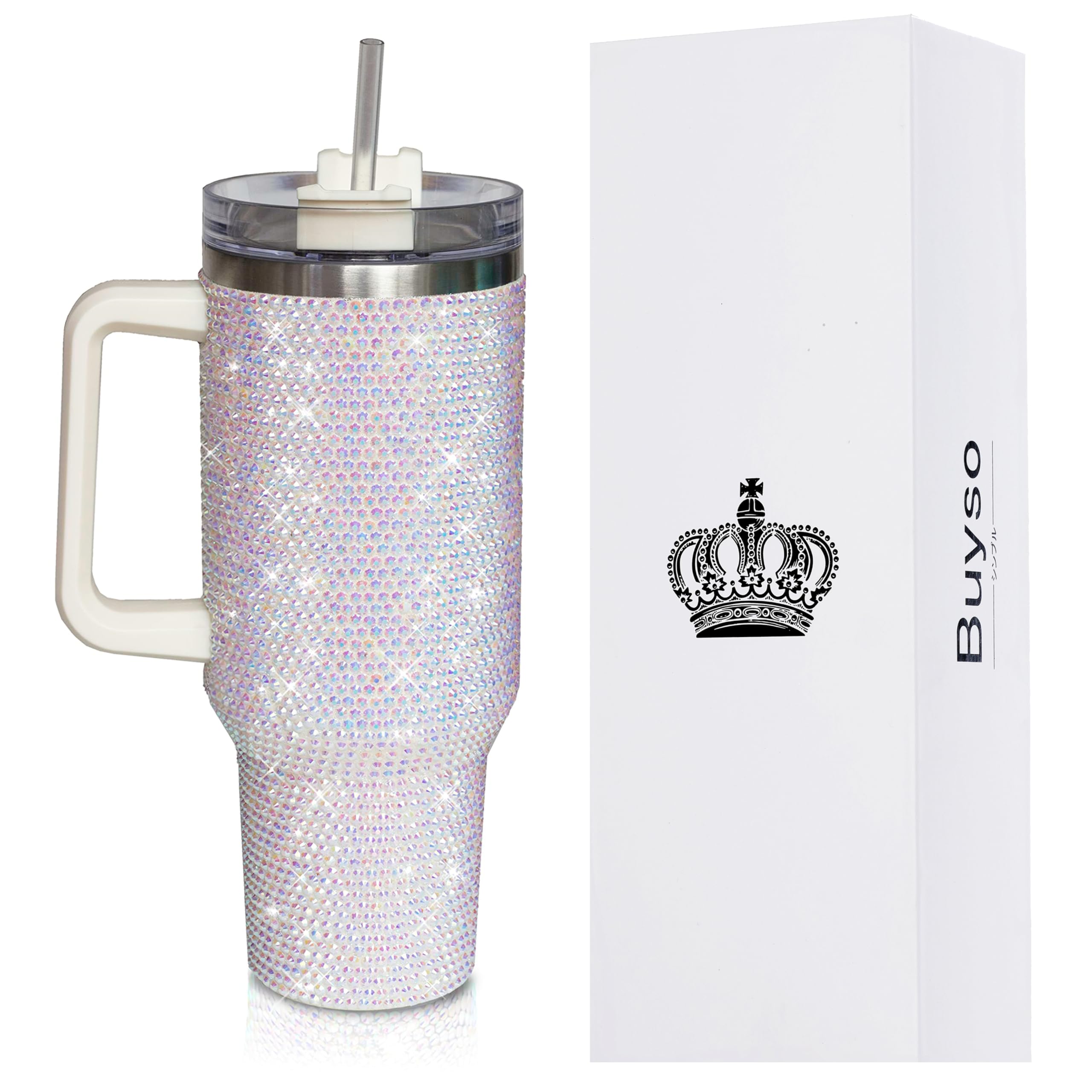 Buyso 40 Oz Bling Tumbler With Handle Rhinestones Tumbler With Lid and Straw Fix for Car Cup Holder Insulated Stainless Steel Double Wall Water Cup