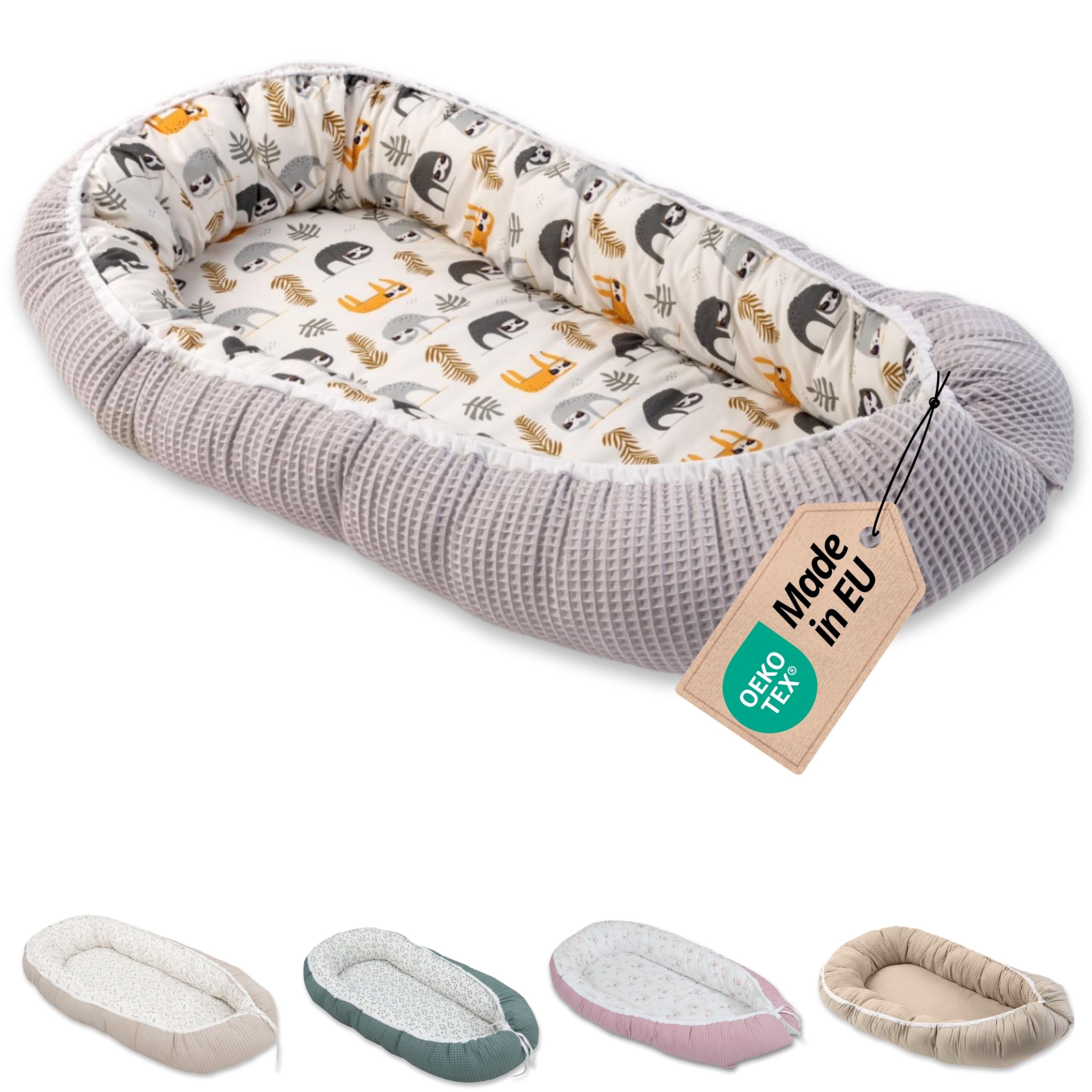 Réducteur lit bébé ULLENBOOM Paresseux gris - 95x55 cm - Nid d’ange bébé Öko-Tex et fabriqué dans l'UE - motif baleines bleues – en coton douillet, convient comme lit de voyage ou cale bébé