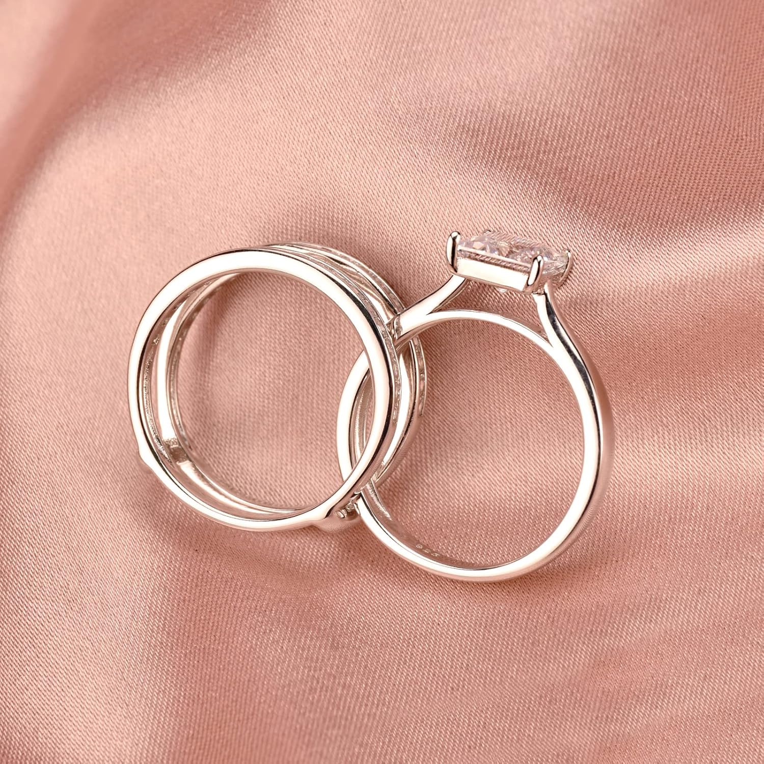 Wuziwen Princess Bridal Ring Set for Women Wedding Band Guard Enhancers CZ Sterling Silver Size 4-13