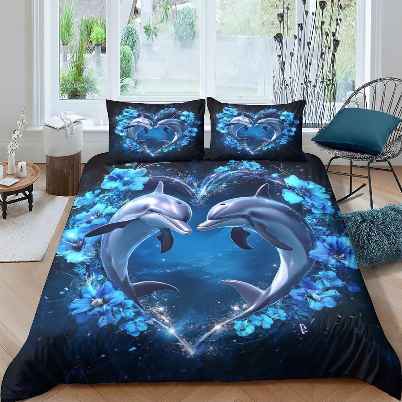 Ctjqhvkz Style-3 3D Printed Dolphin Heart Fitted Sheet Microfiber Soft Blue Ocean Mattress Cover For Bedroom Guest Room Decor Single（135X200cm）