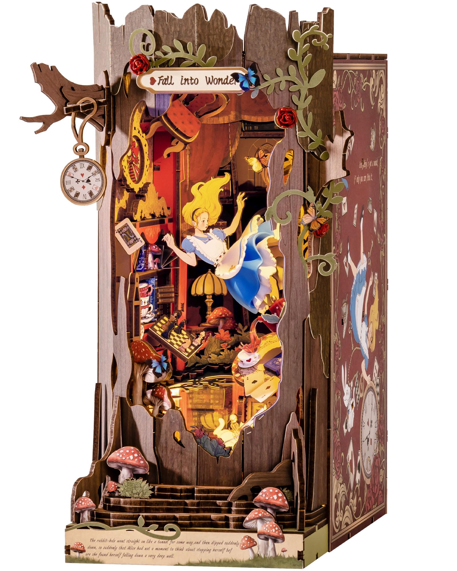 Rolife Book Nook Kit Fall into Wonder 3D Wooden Puzzles 9.9" Wonderland Booknooks DIY Miniature Kit with LEDs Fairy Tale Bookshelf Decor Craft for Adults Gift for Mom Women Men