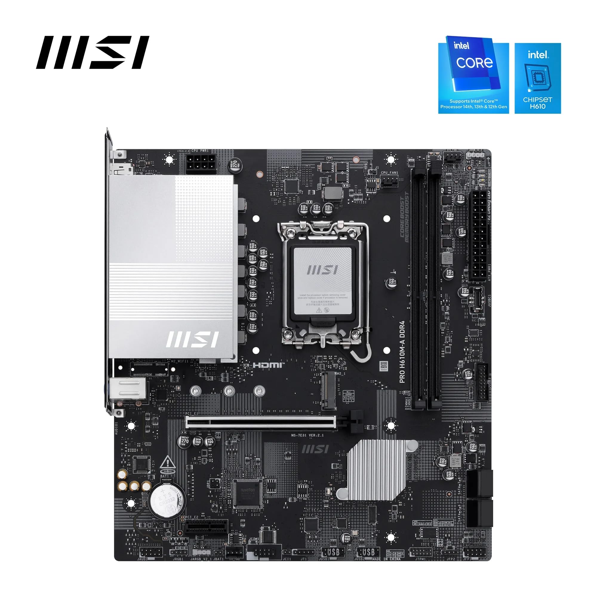 MSI Scheda madre PRO H610M-A DDR4 (Intel Core di 12a/13a/14a generazione, socket LGA 1700, DDR4, PCIe 4, SATA 6Gb/s, LAN 1Gb/s, slot M.2, USB 3.2, mATX)