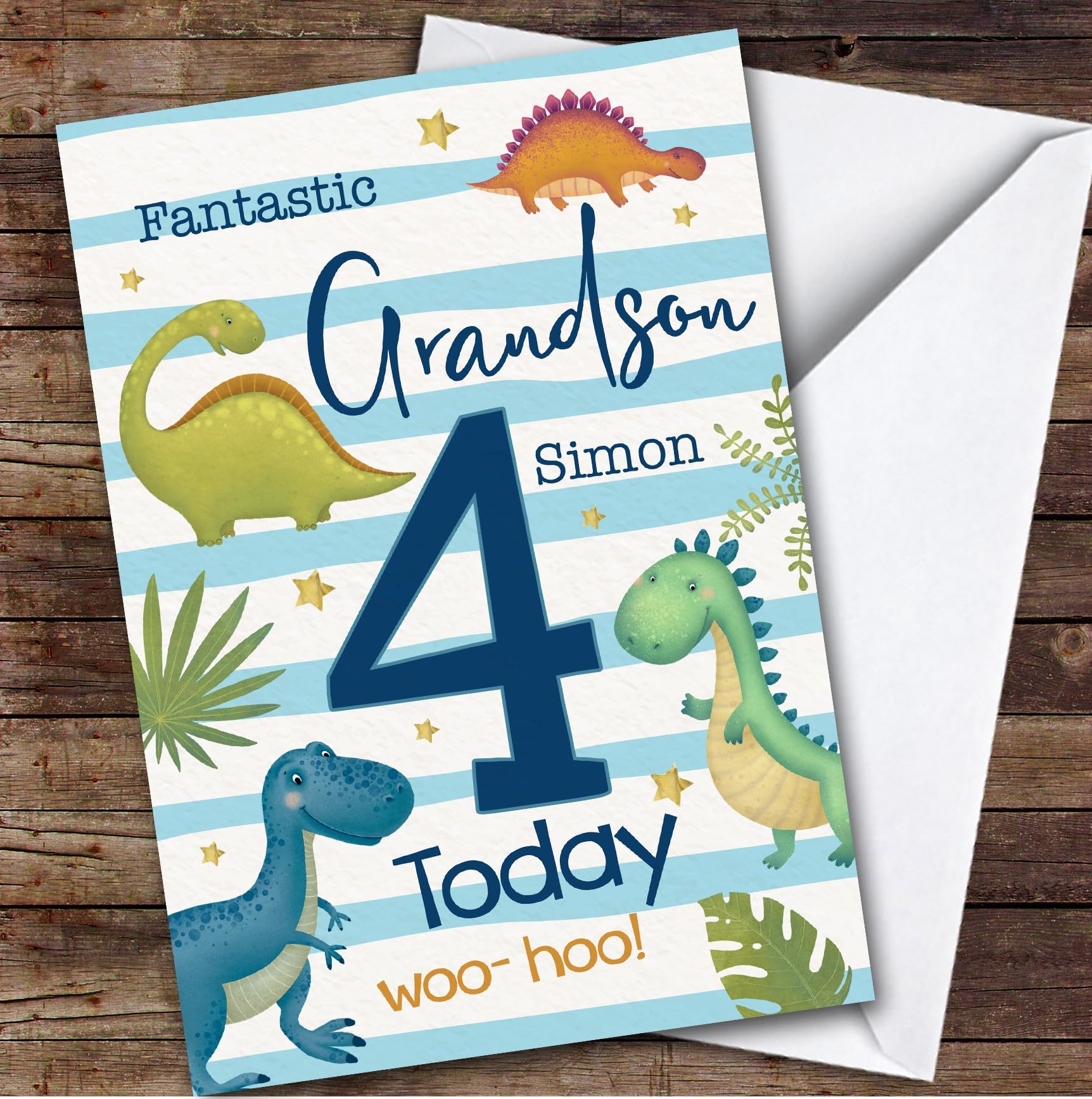 Grandson 4th Watercolour Dinosaurs Boys Custom Personalised Birthday Card - Personalised Birthday Card For 4th Birthday, Custom Birthday Card