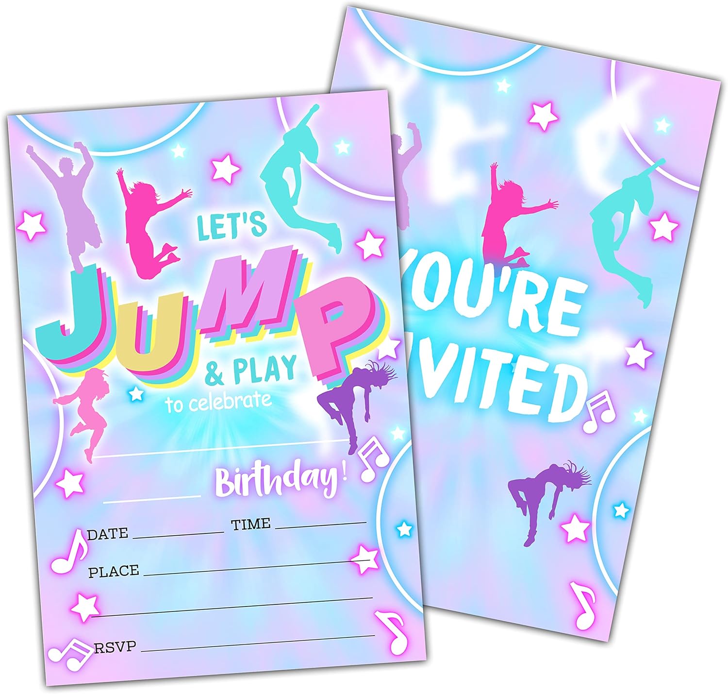 Bounce House Jumping Birthday Party Invitation Cards, Trampoline Park, Neon Double-Sided Invites For Kids, Teens Boys & Girls- Party Celebration Supplies, 20 Fill-In Invitations With Envelopes -B03
