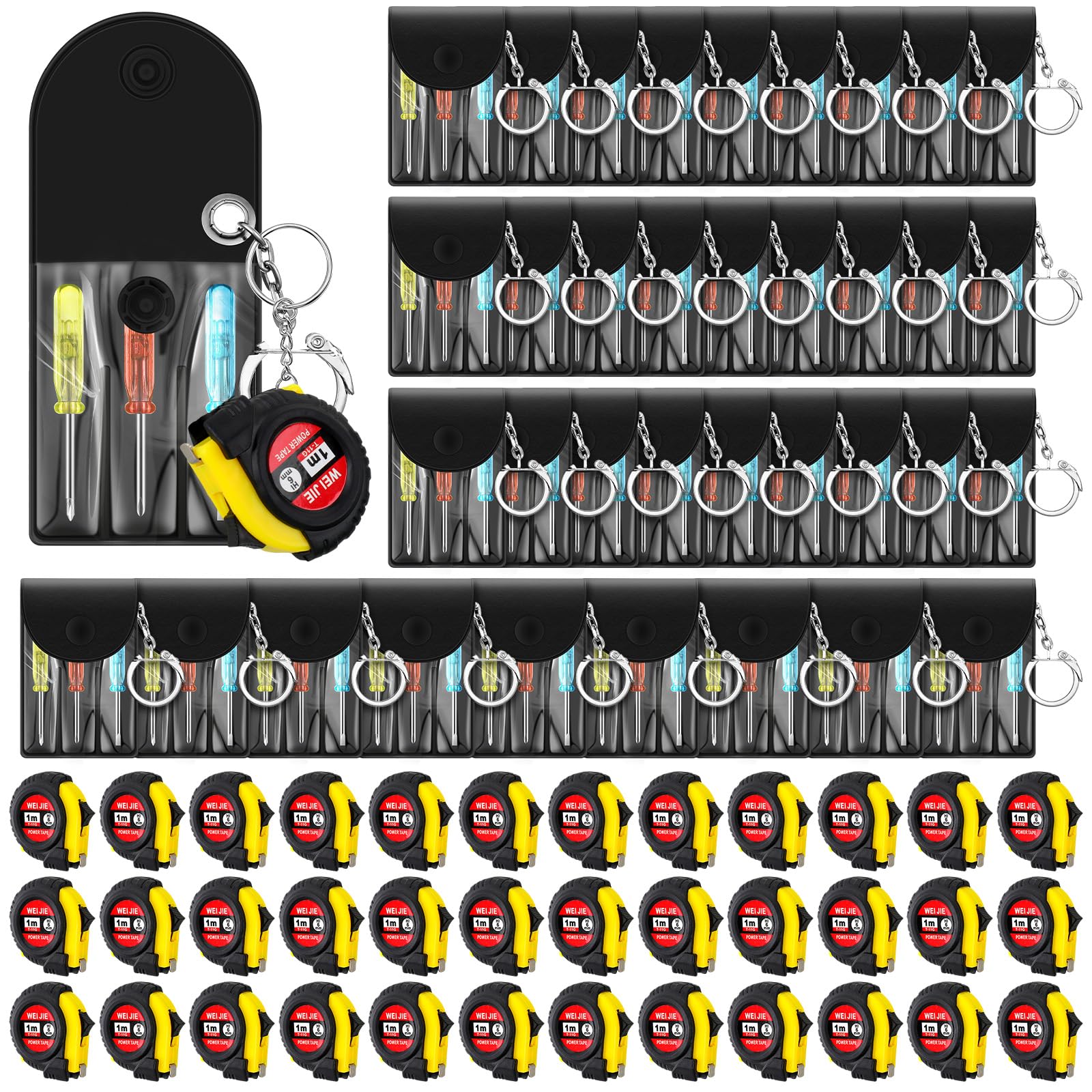 Mootycapa 120 Pcs Mini Screwdriver Keychain Tape Measure Keychains Set Mens Gift Bulk Retractable for Adult Xmas Tool Birthday Party