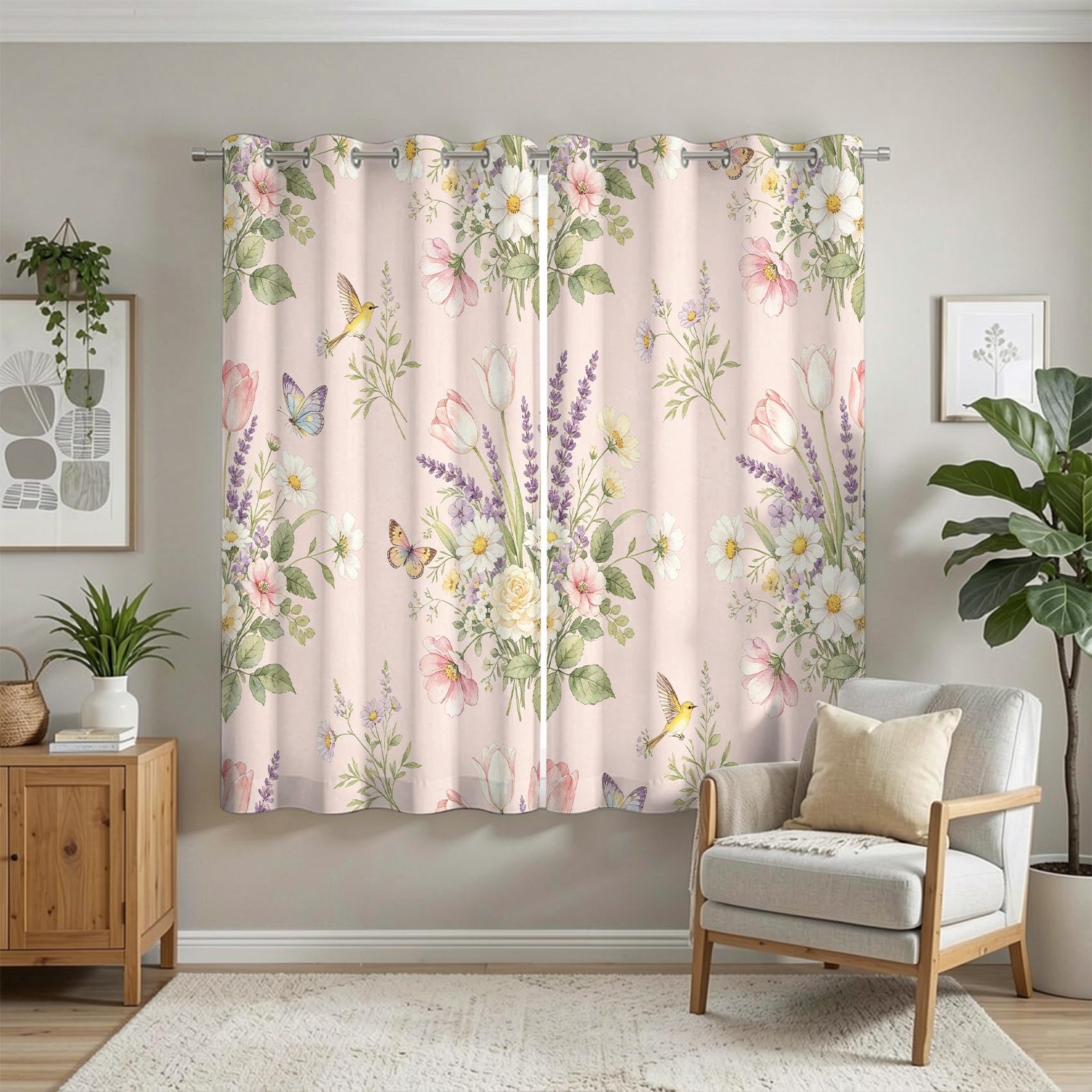 Aquarellblumen Vorhänge Blickdicht mit Ösen H 137 x B 117 cm 2er Set
