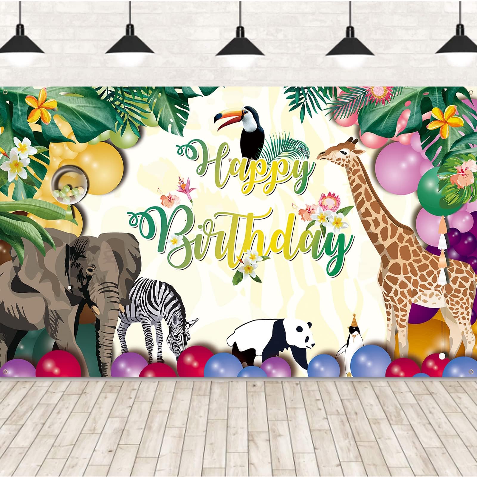 Happy Birthday Banner for Jungle Safari Theme Party Decorations, Fabric Animal Zoo Backdrop Tropical Forest Poster for Boys Girls Wall Supplies, 185*110cm
